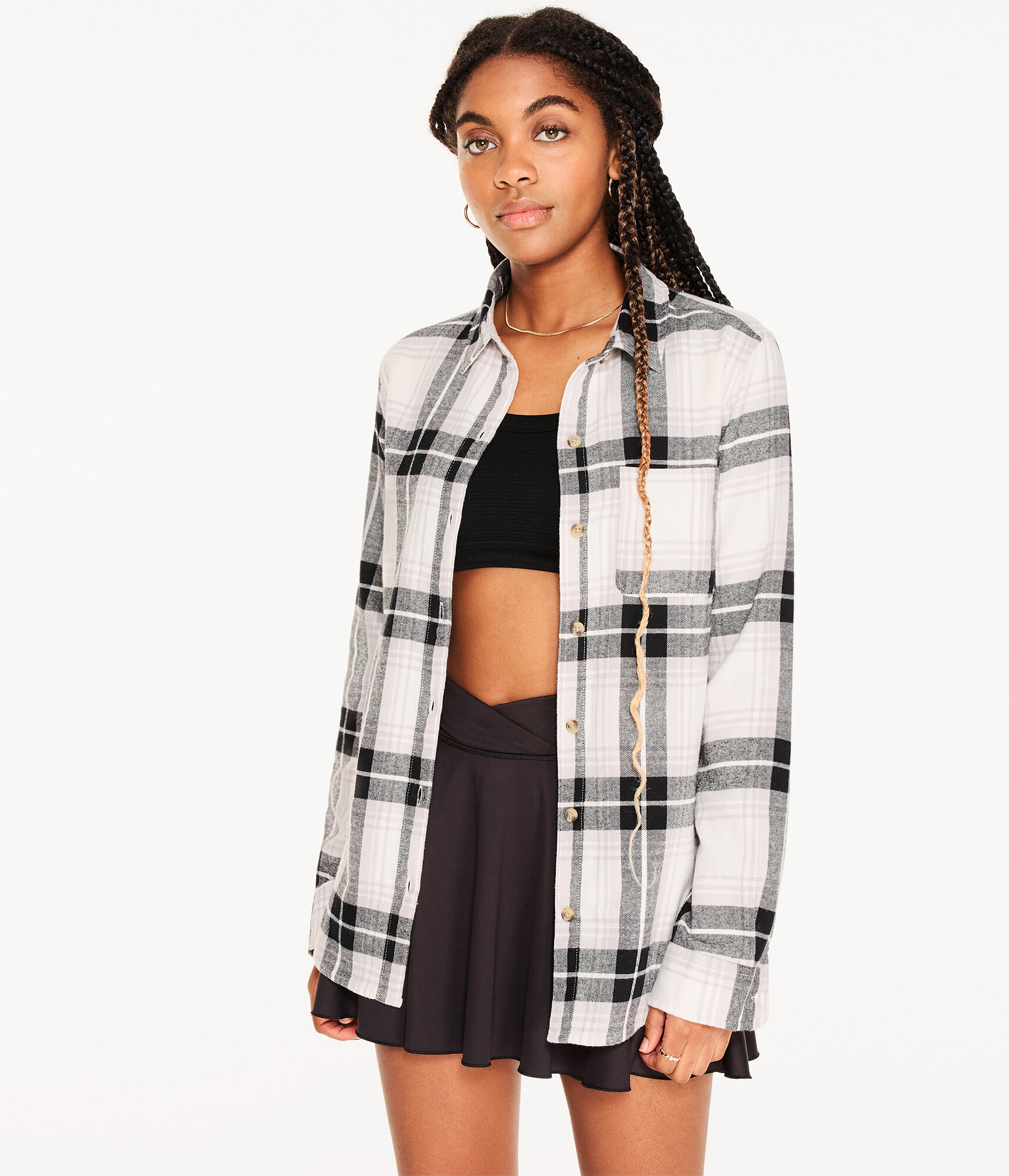 Long Sleeve Oversized Plaid Flannel Button-Down Shirt