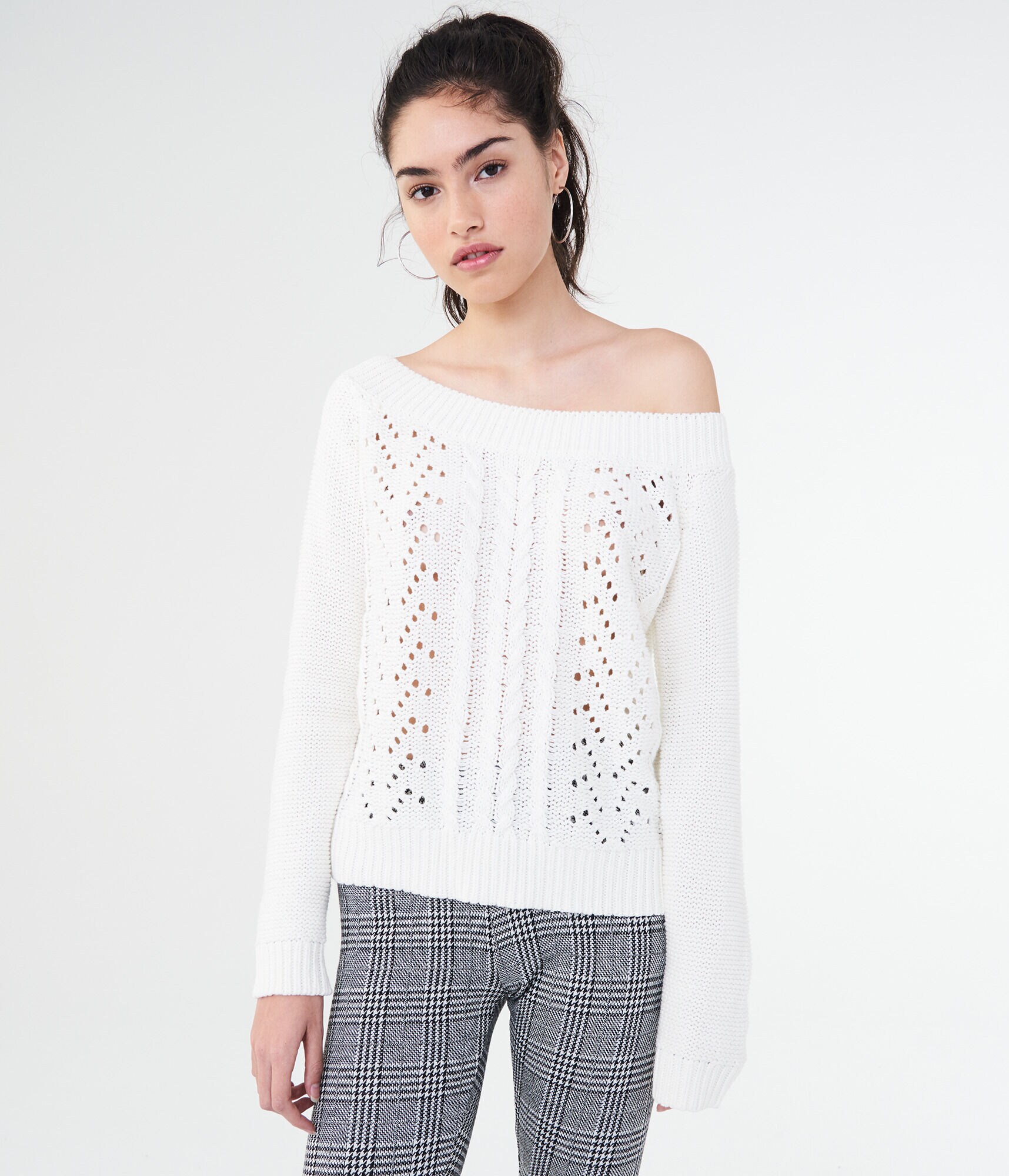 Solid Off-The-Shoulder Cable Sweater