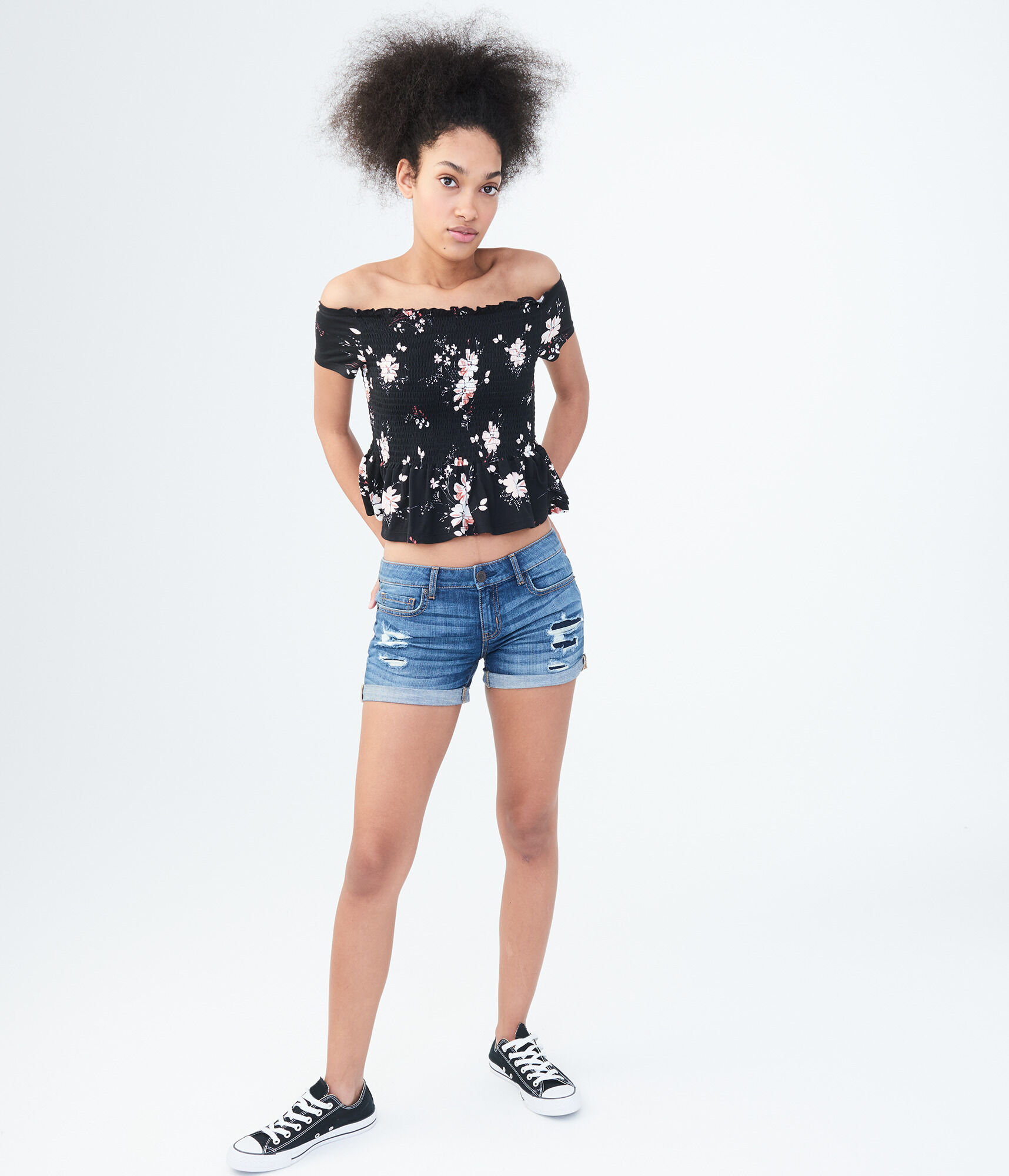 Medium Wash Rip-And-Repair Denim Midi Shorts