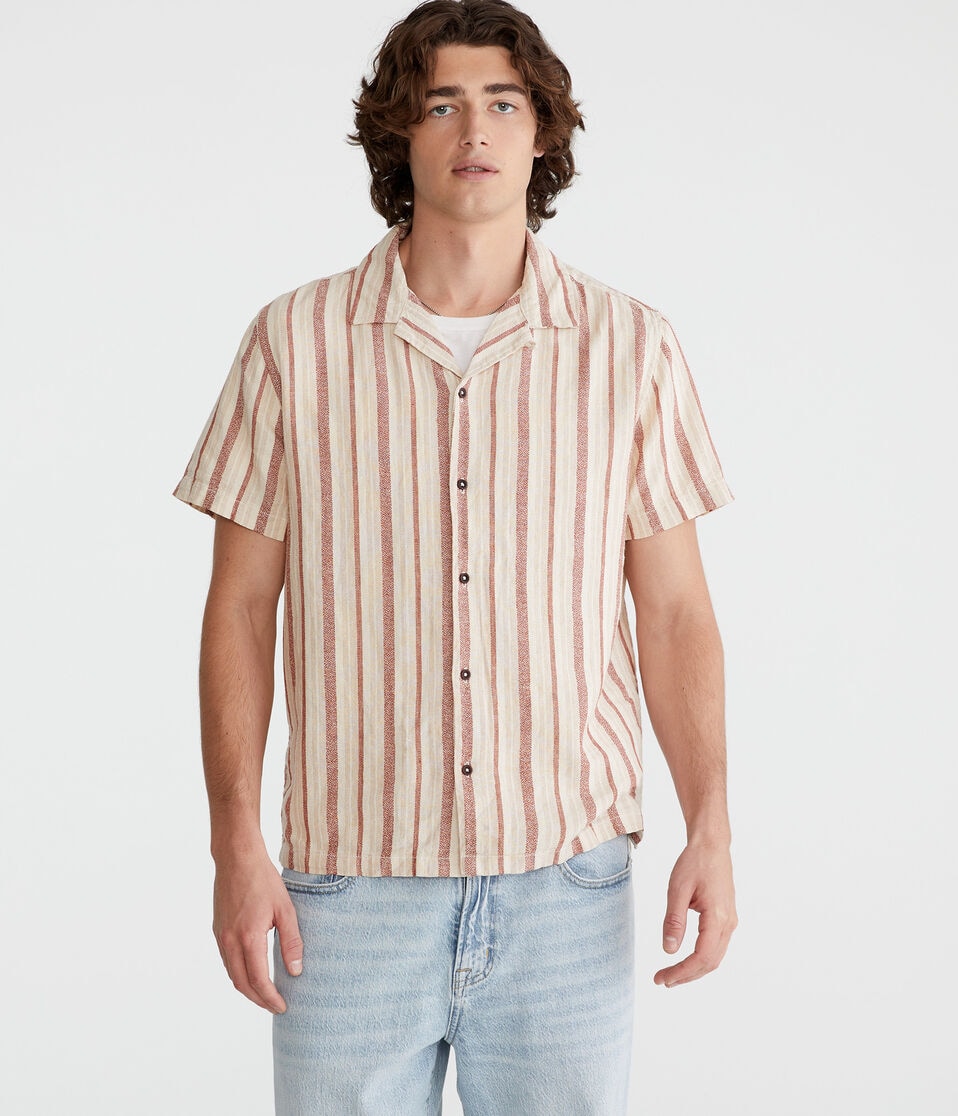 Short Sleeve Textured Stripe Linen Shirt