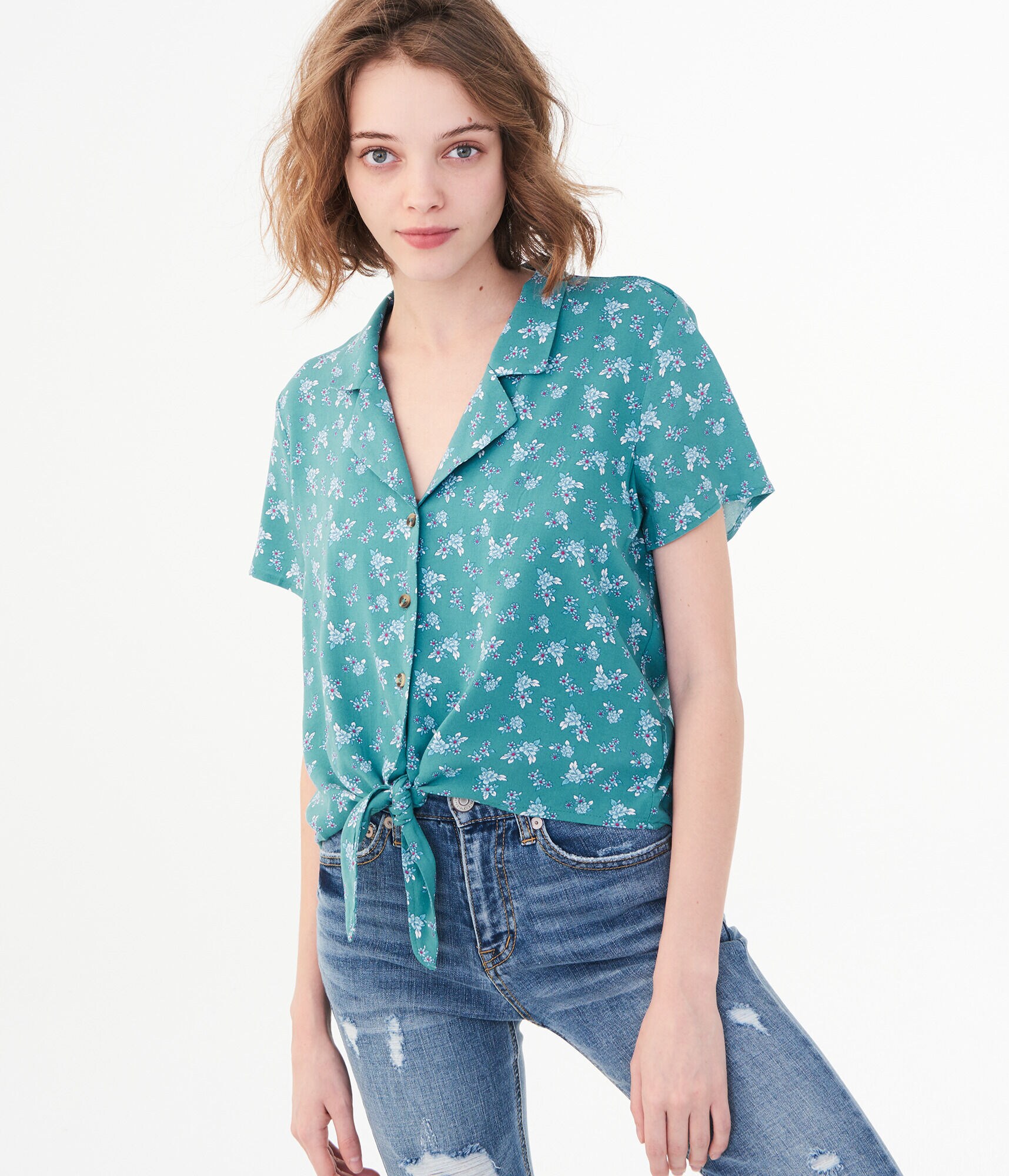 Floral Tie-Front Woven Camp Shirt