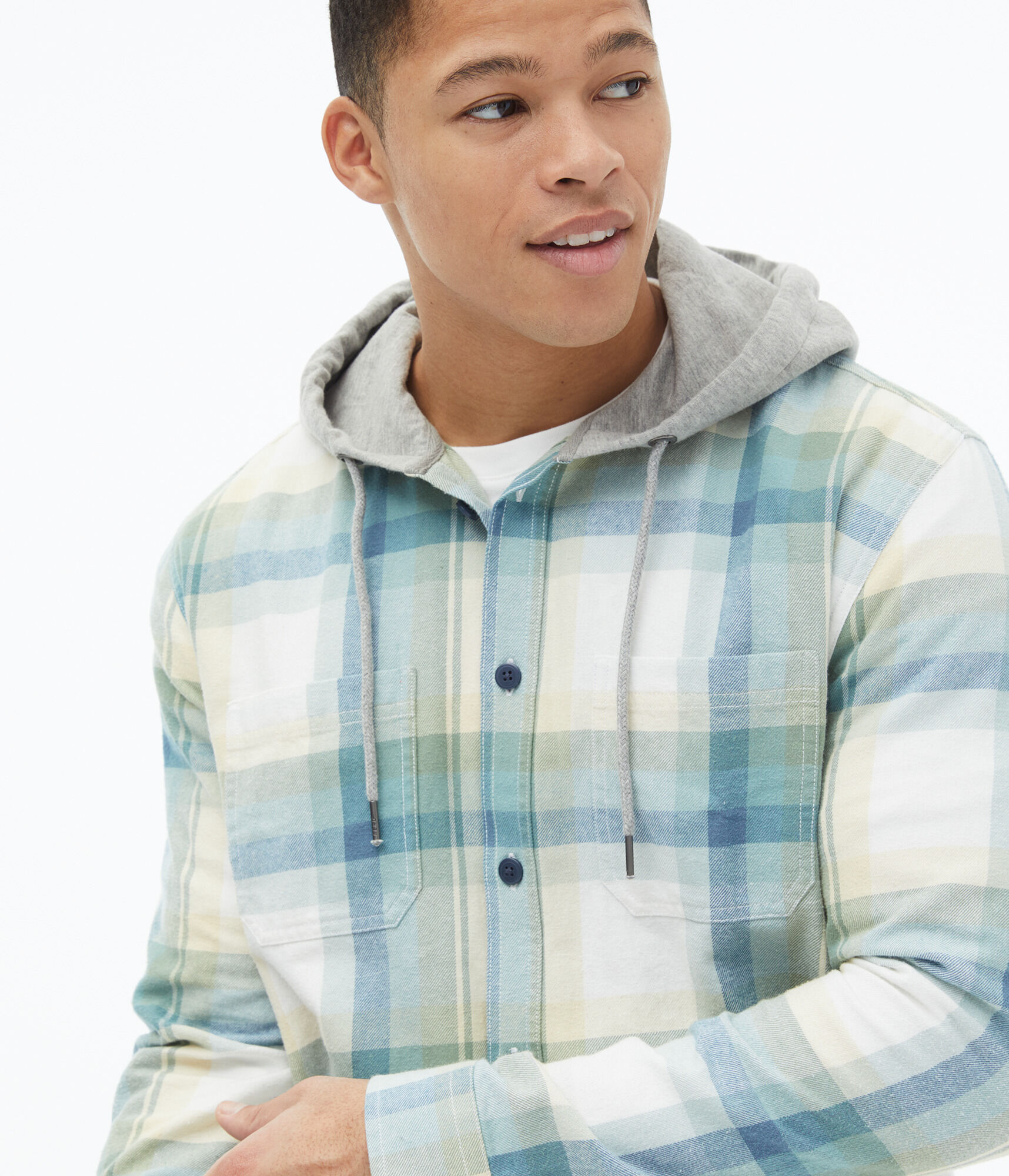 Long Sleeve Plaid Flannel Hooded Button-Down Shirt