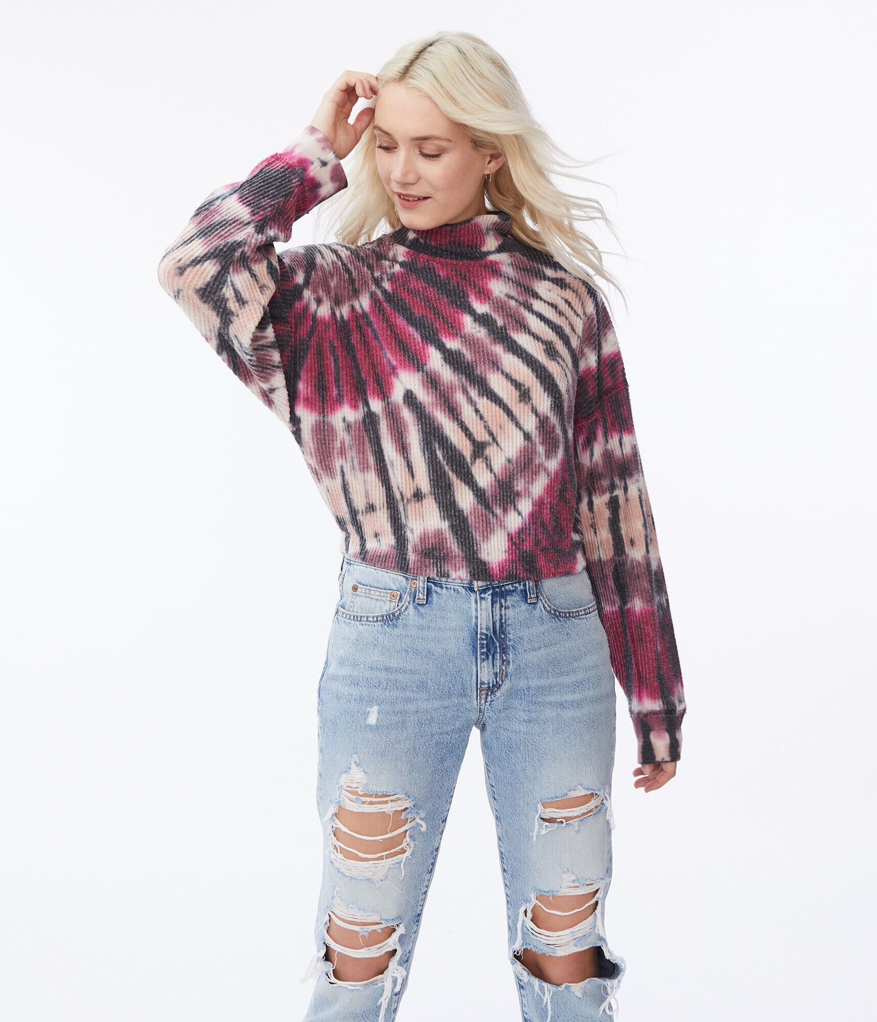 Download aeropostale womens long sleeve tie-dye waffle-knit mock-neck crop top | eBay