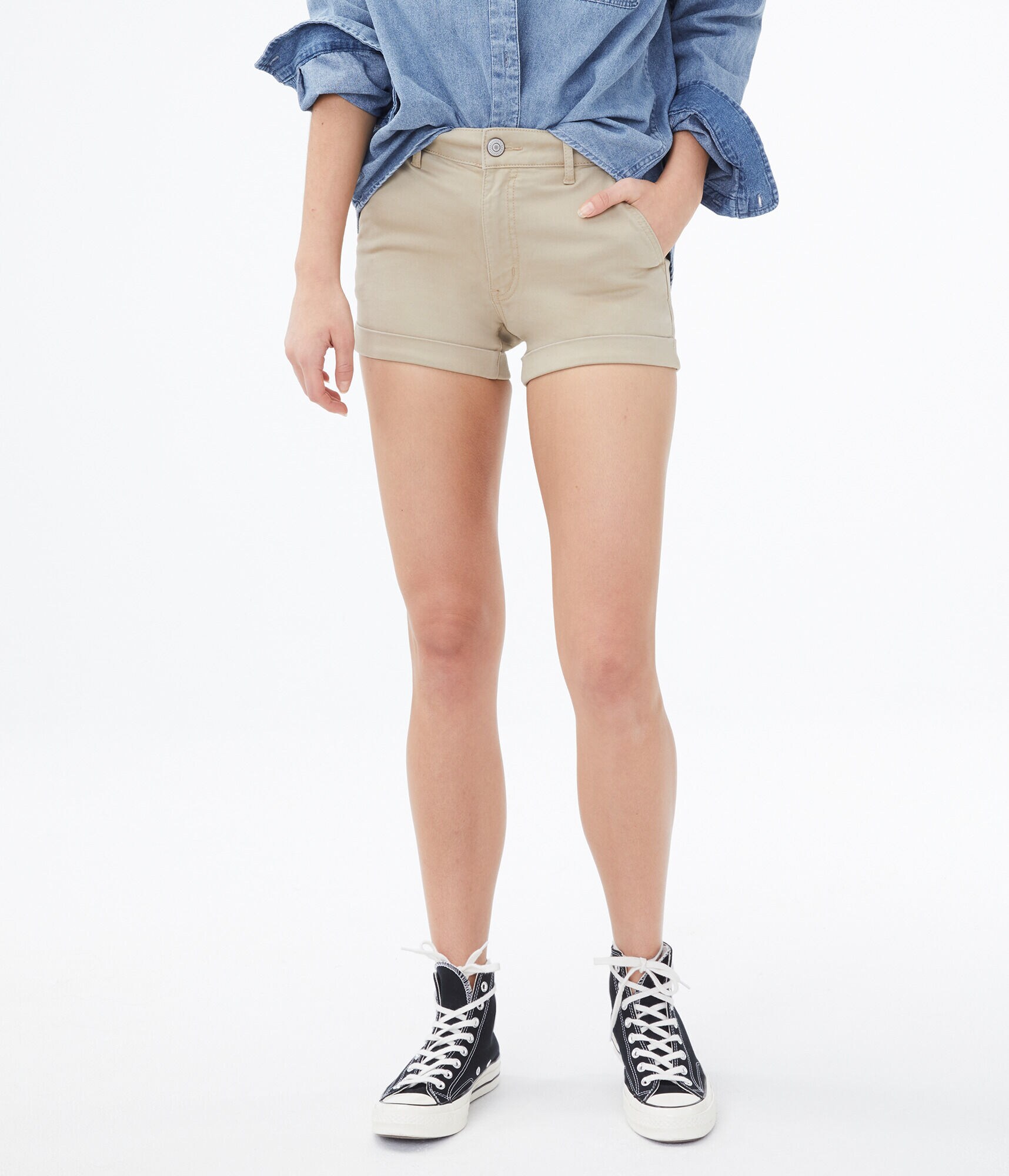 High-Rise Twill Midi Shorts