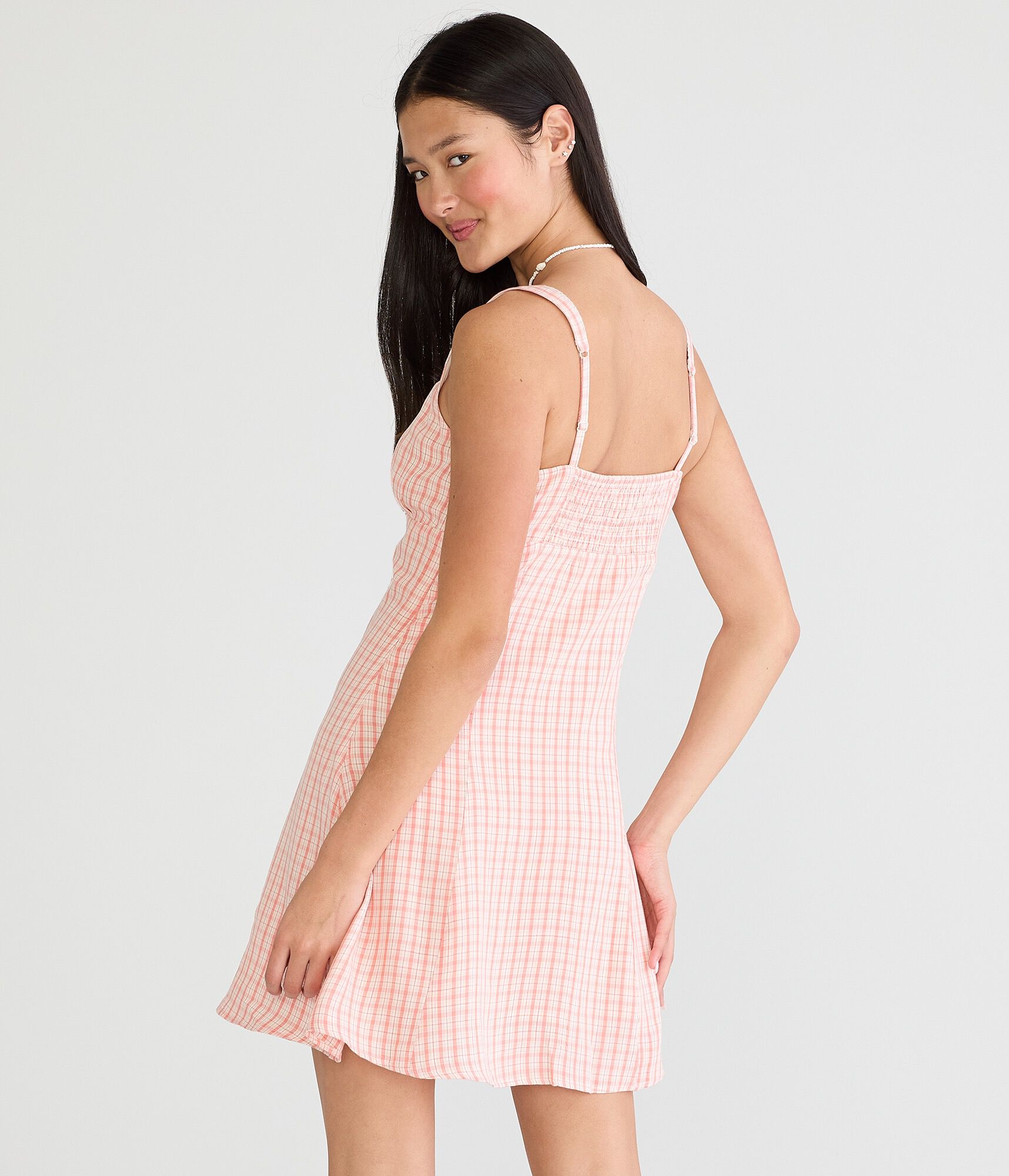 Plaid Square-Neck Button-Front A-Line Mini Dress
