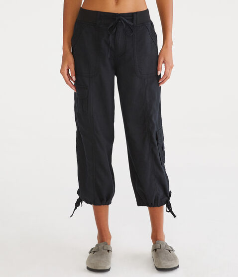 Mid-Rise Linen Utility Cargo Capris
