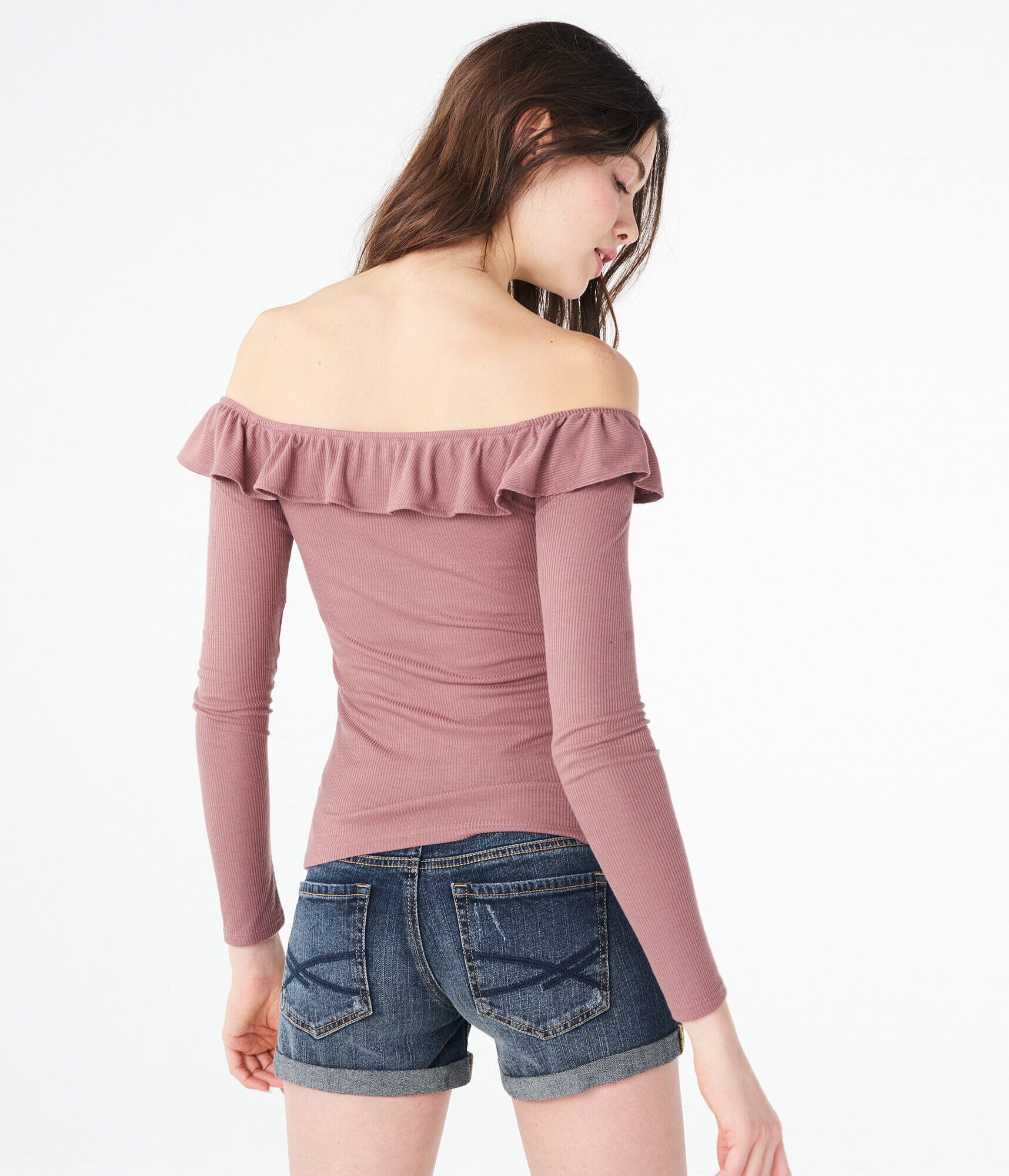 Long Sleeve Solid Ruffle V-Wire Off-The-Shoulder Top