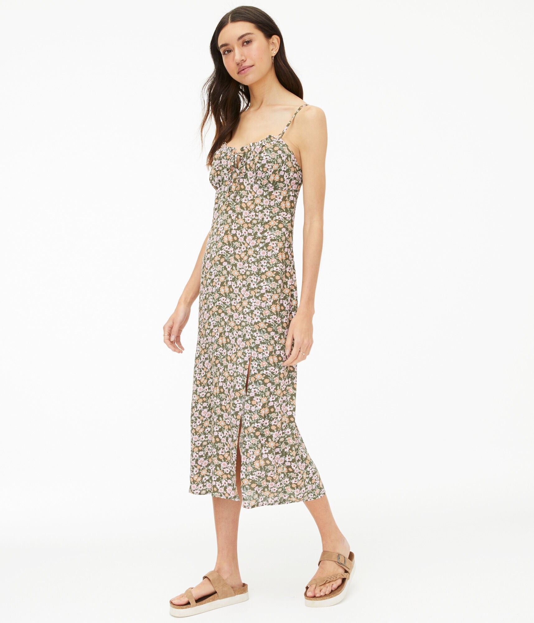 Floral Notch-Neck Tie-Front Midi Dress