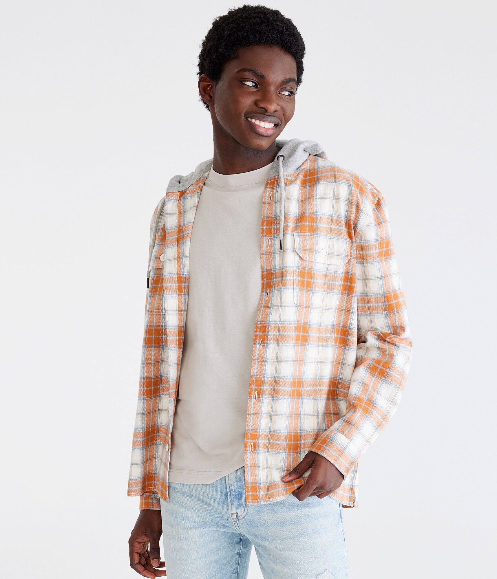 Long Sleeve Relaxed Plaid Hooded Flannel Shirt