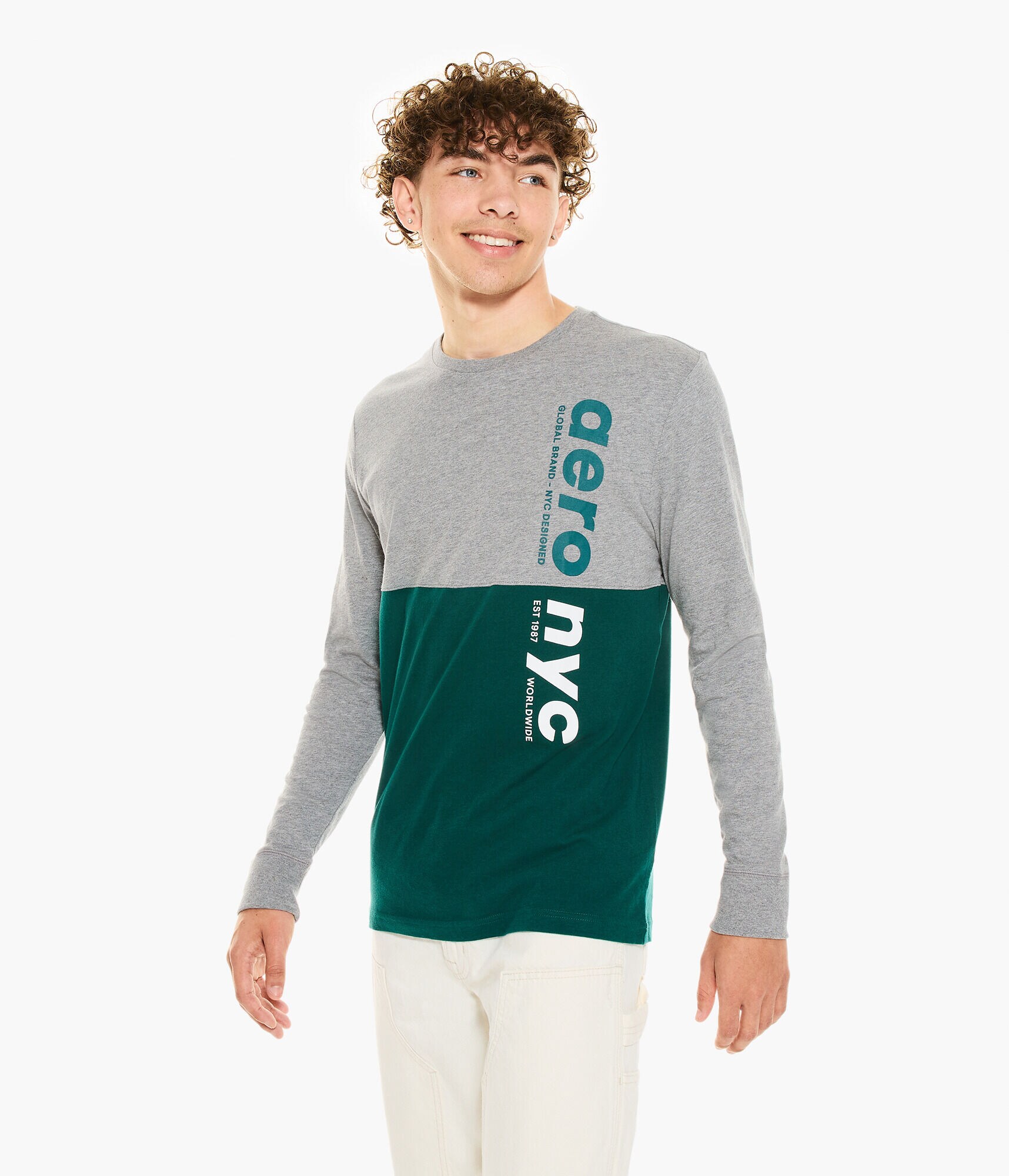 Long Sleeve Aero NYC Vertical Colorblocked Graphic Tee