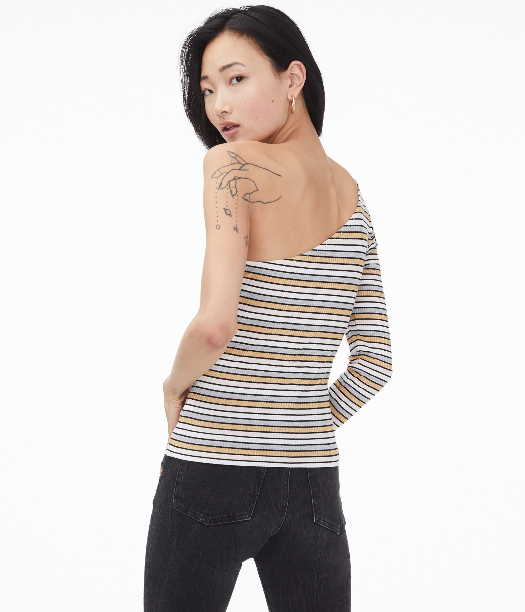 Long Sleeve Metallic Stripe One-Shoulder Top
