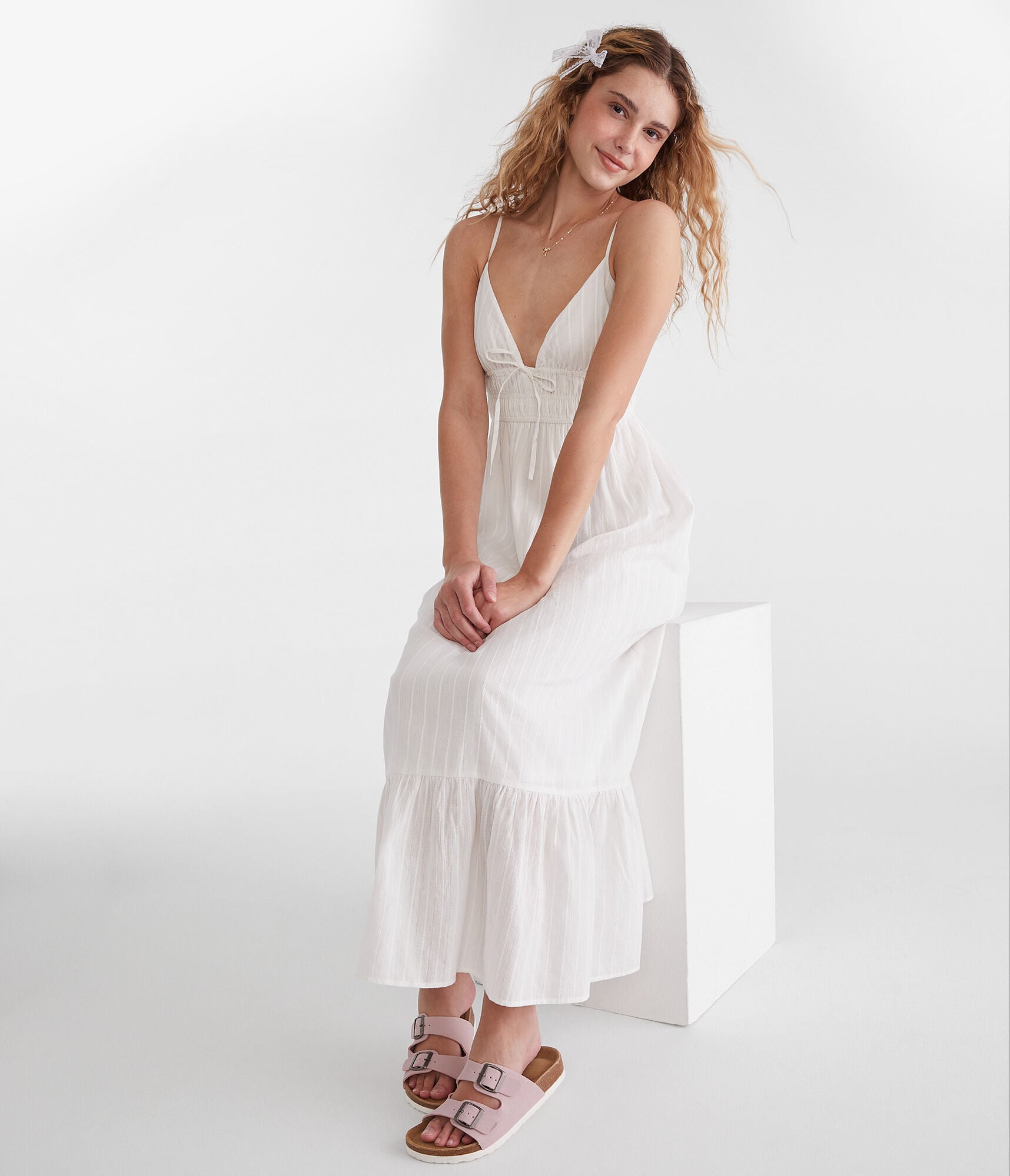 Textured Stripe V-Neck Tie-Front Maxi Dress