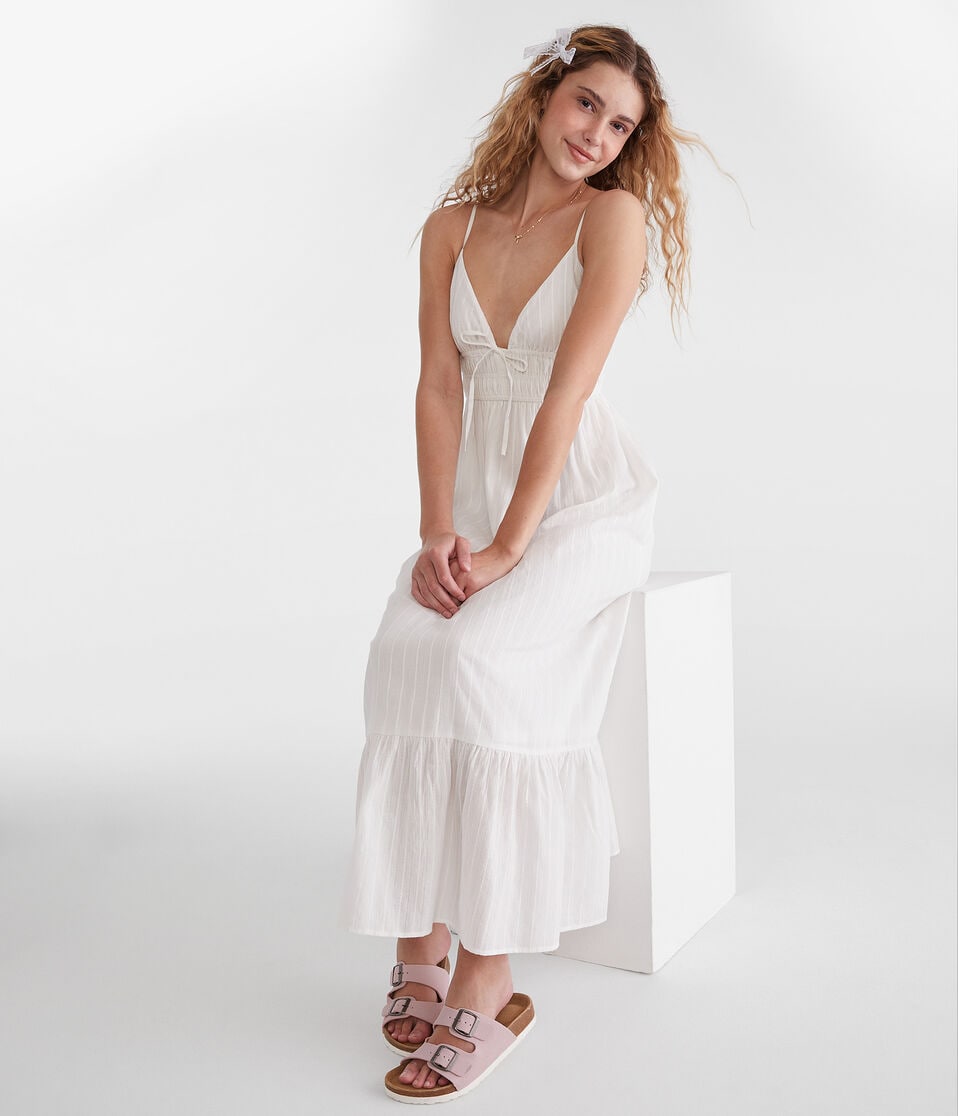 Textured Stripe V-Neck Tie-Front Maxi Dress