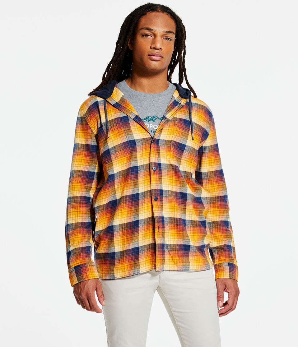 Long Sleeve Lightweight Hooded Plaid Flannel Shirt