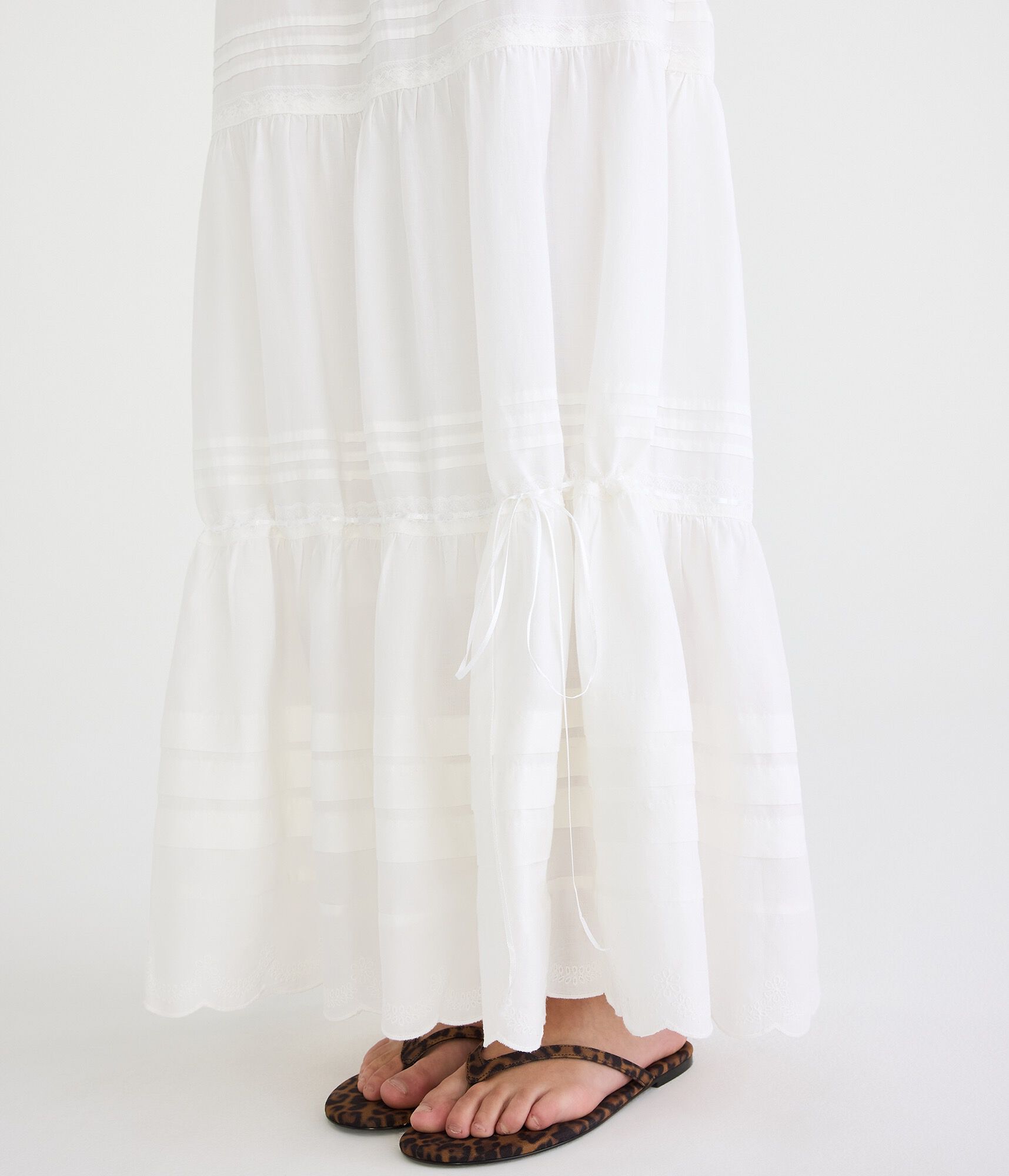 Pintuck &amp; Lace Tiered Maxi Skirt