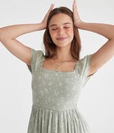 Floral Square-Neck Smocked Midi Dress