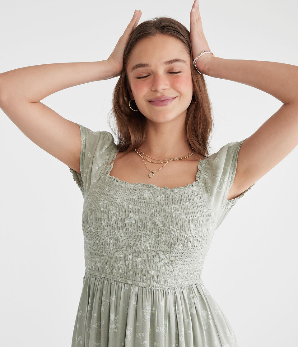 Floral Square-Neck Smocked Midi Dress