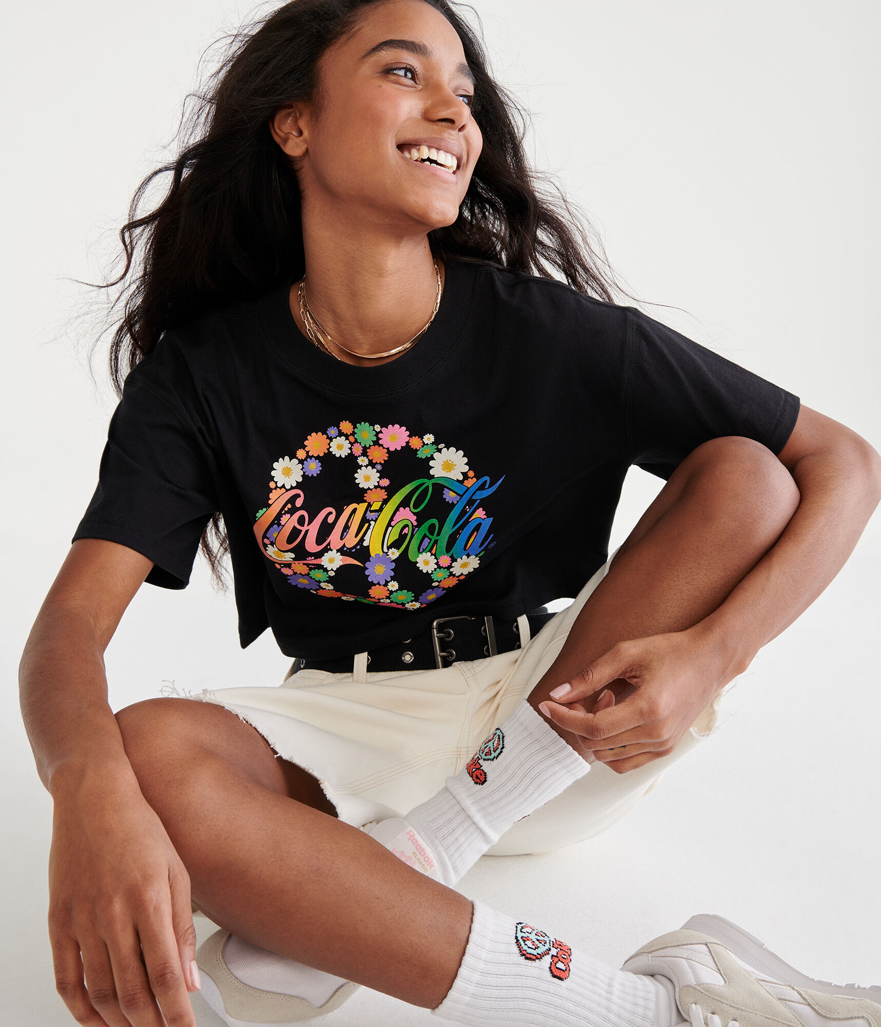 Coca-Cola&reg; by A&eacute;ropostale Floral Peace Sign Cropped Boyfriend Tee