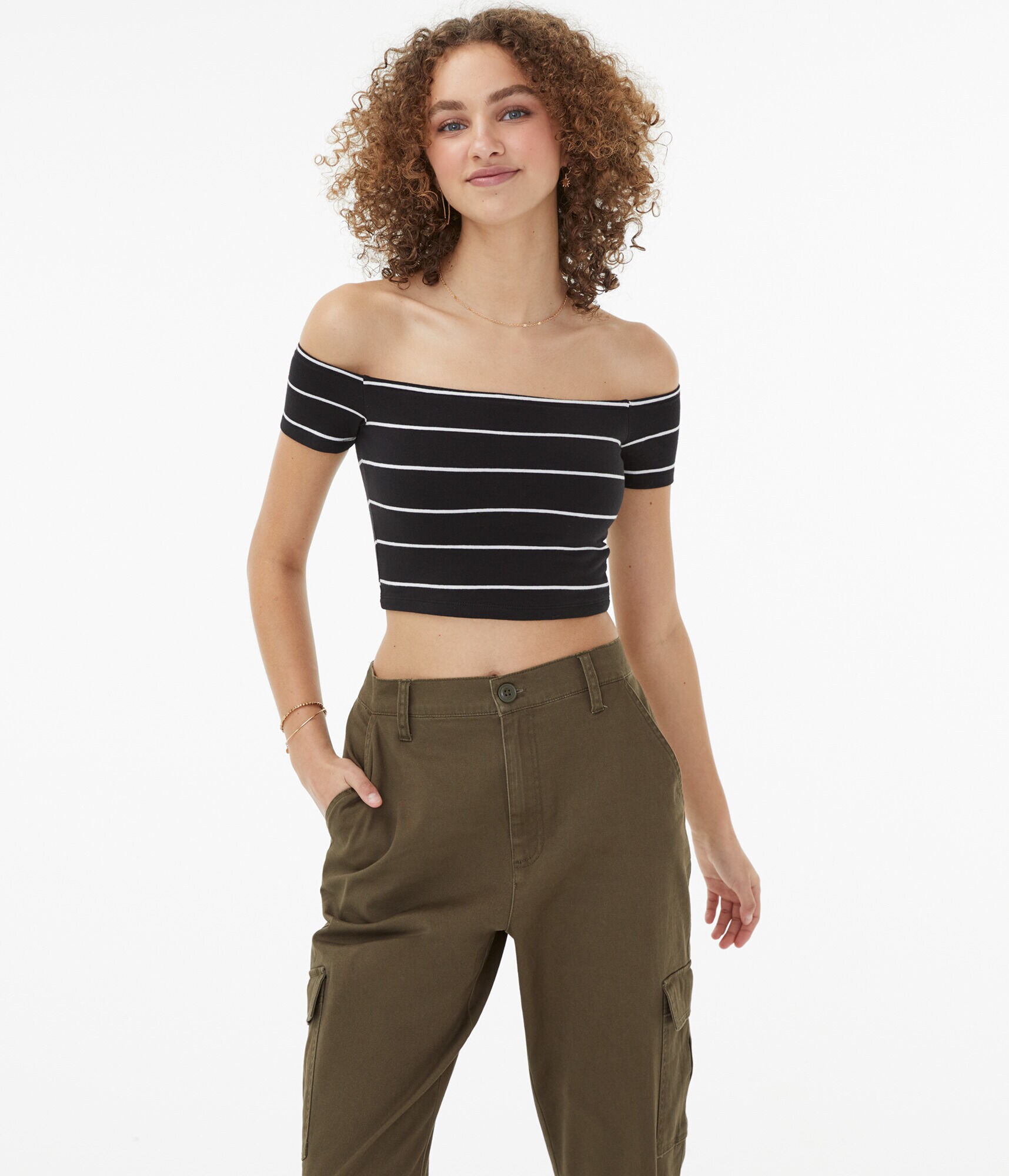 Seriously Soft Striped Off-The-Shoulder Crop Top***
