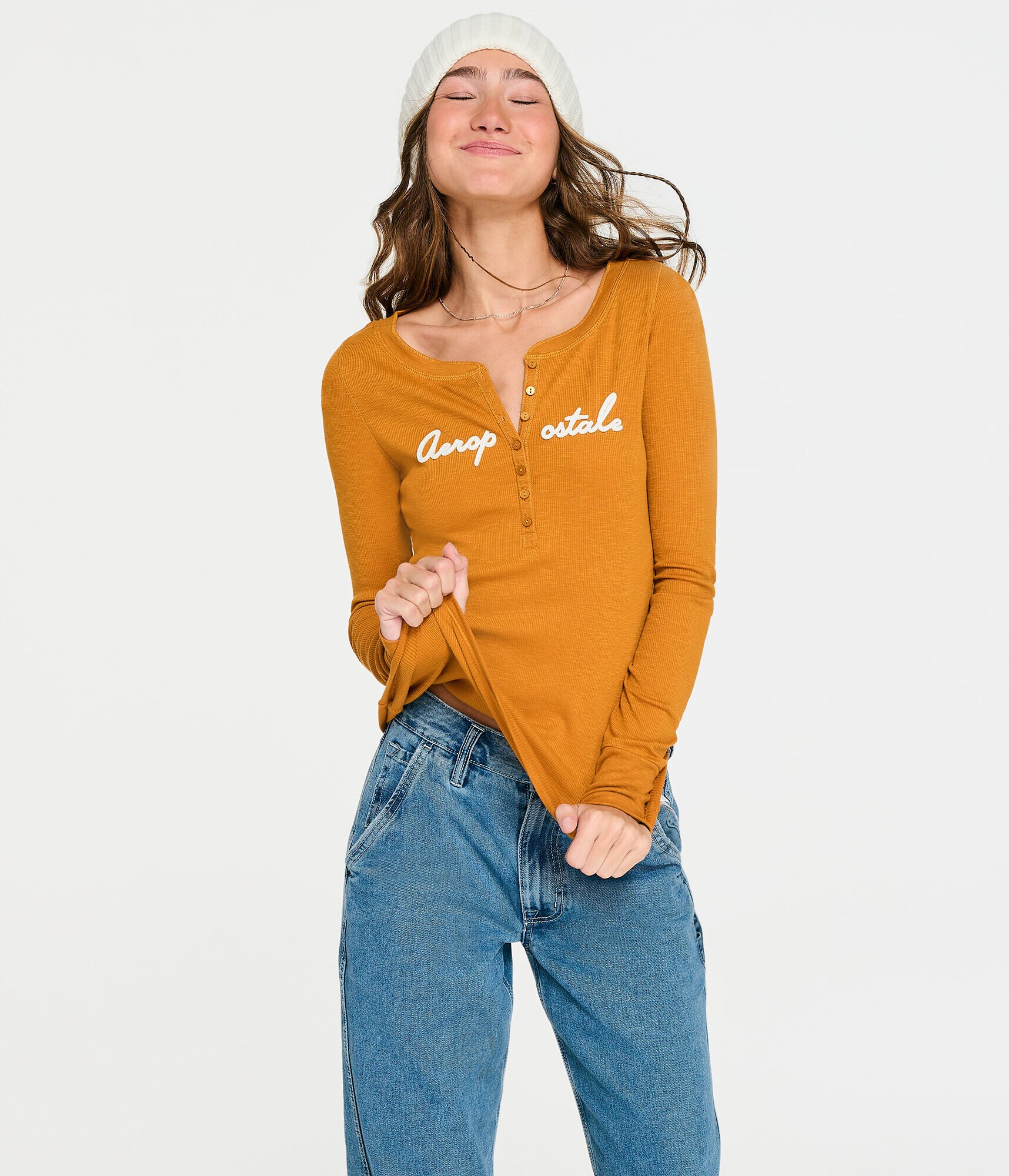 Long Sleeve Aeropostale Script Graphic Henley