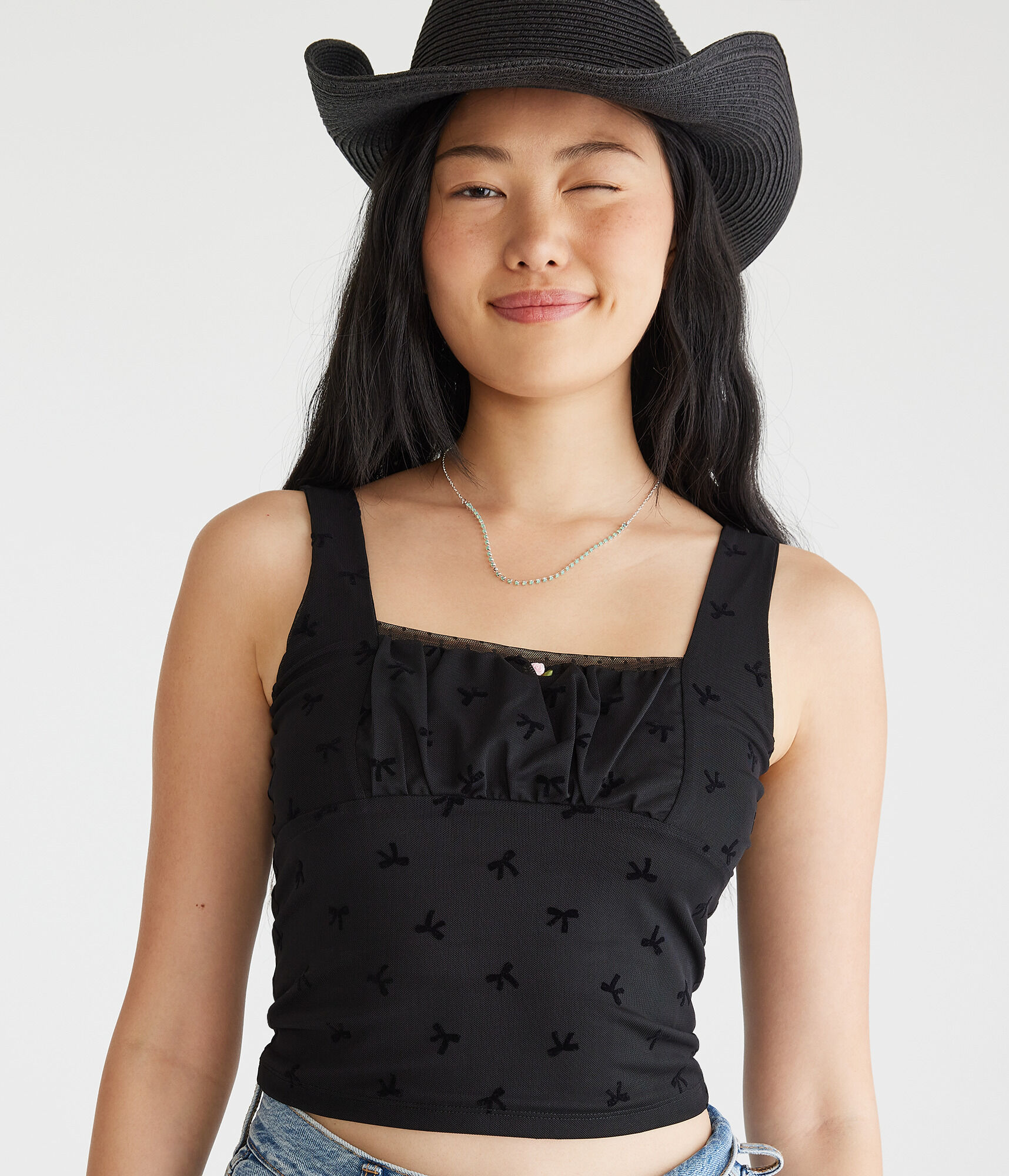 Flocked Bow Mesh Cropped Tank