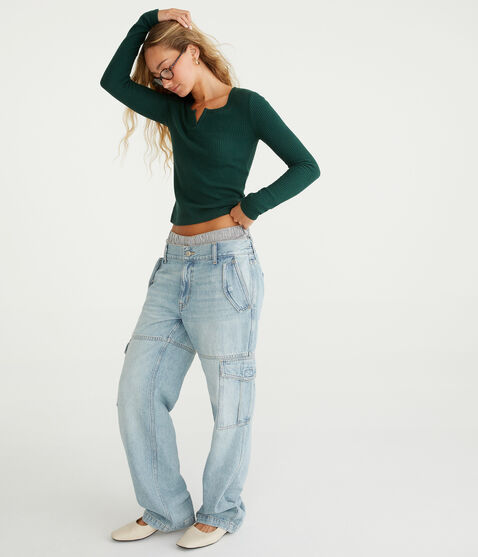 Long Sleeve Waffle Notch-Neck Shrunken Tee Long Sleeve Waffle Notch-Neck Shrunken Tee