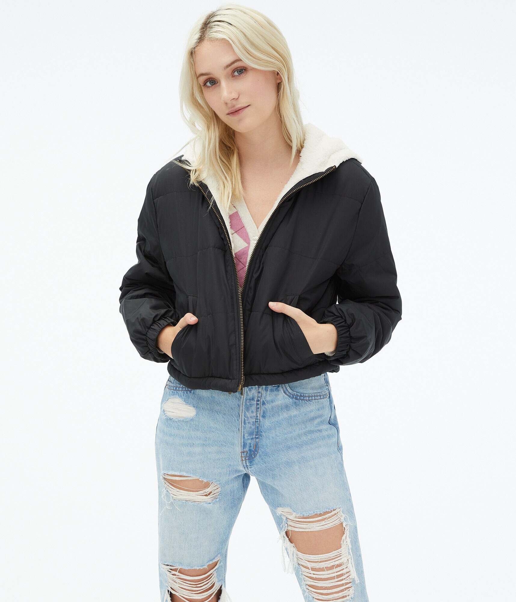 Quilted Sherpa-Lined Hooded Jacket
