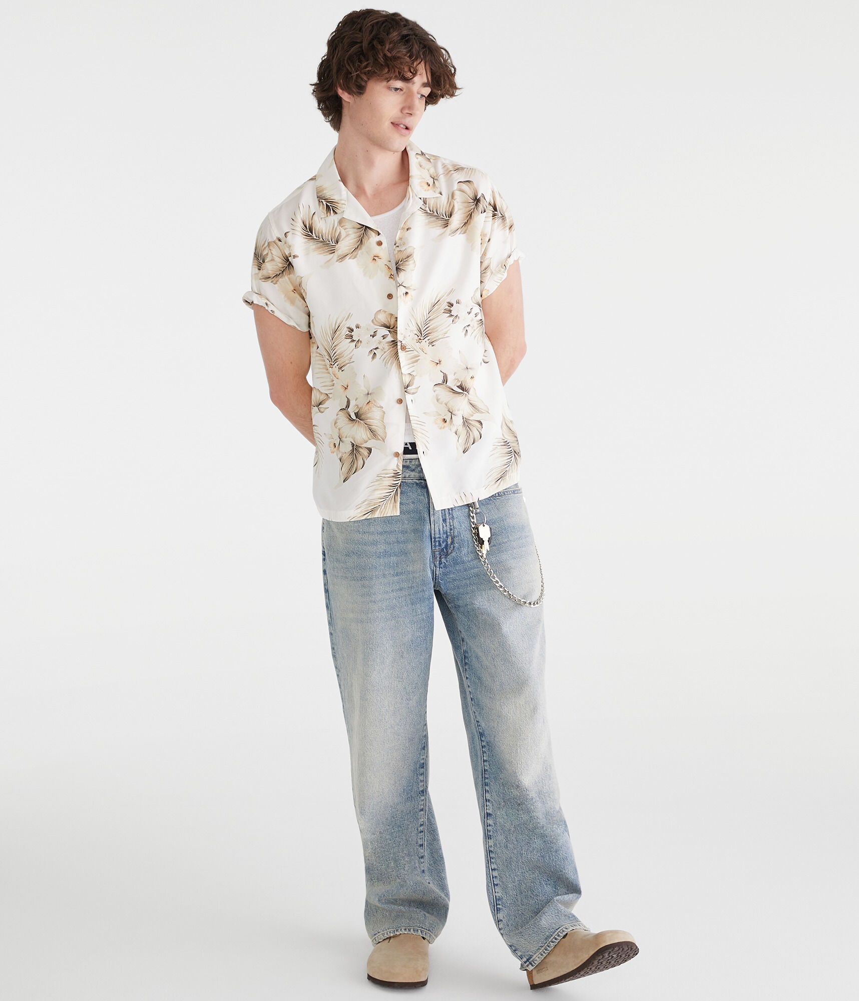 Short Sleeve Tropical Floral Print Camp Shirt
