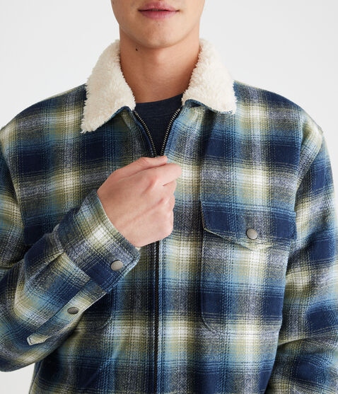Plaid Sherpa-Lined Full-Zip Flannel Shacket Plaid Sherpa-Lined Full-Zip Flannel Shacket
