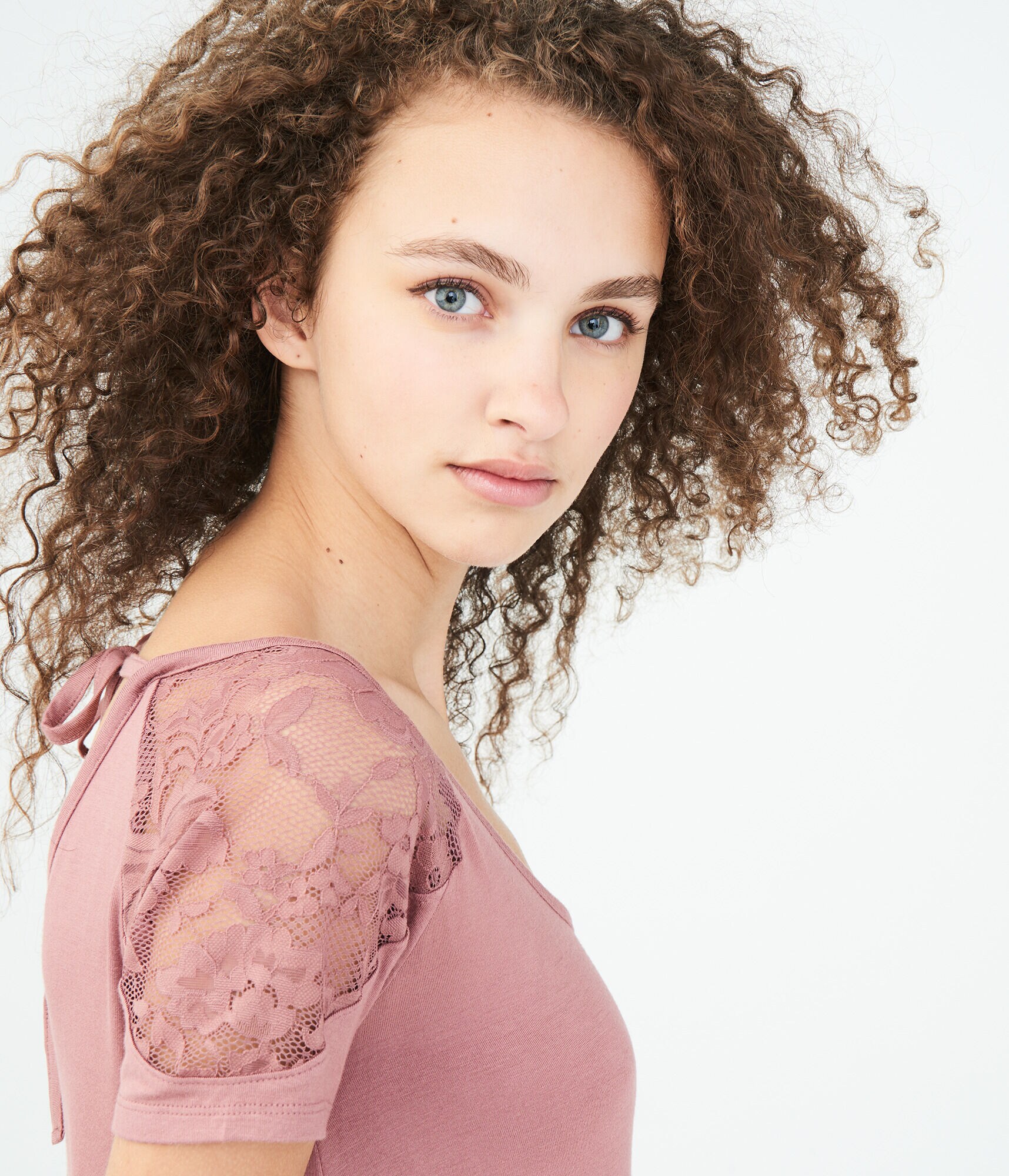 Solid V-Neck Lace-Shoulder Shift Dress