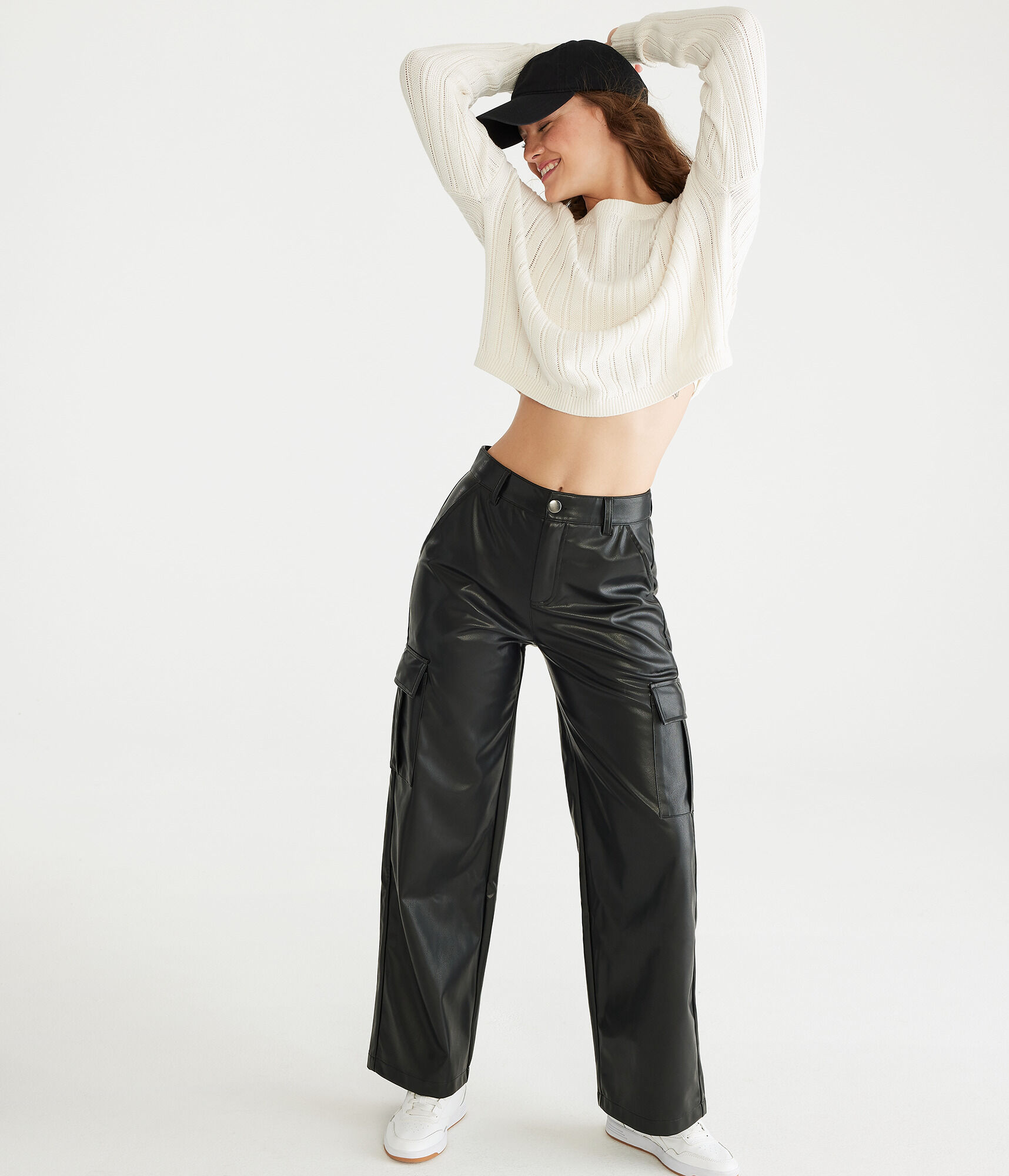 High-Waisted Faux Leather Cargo Pants