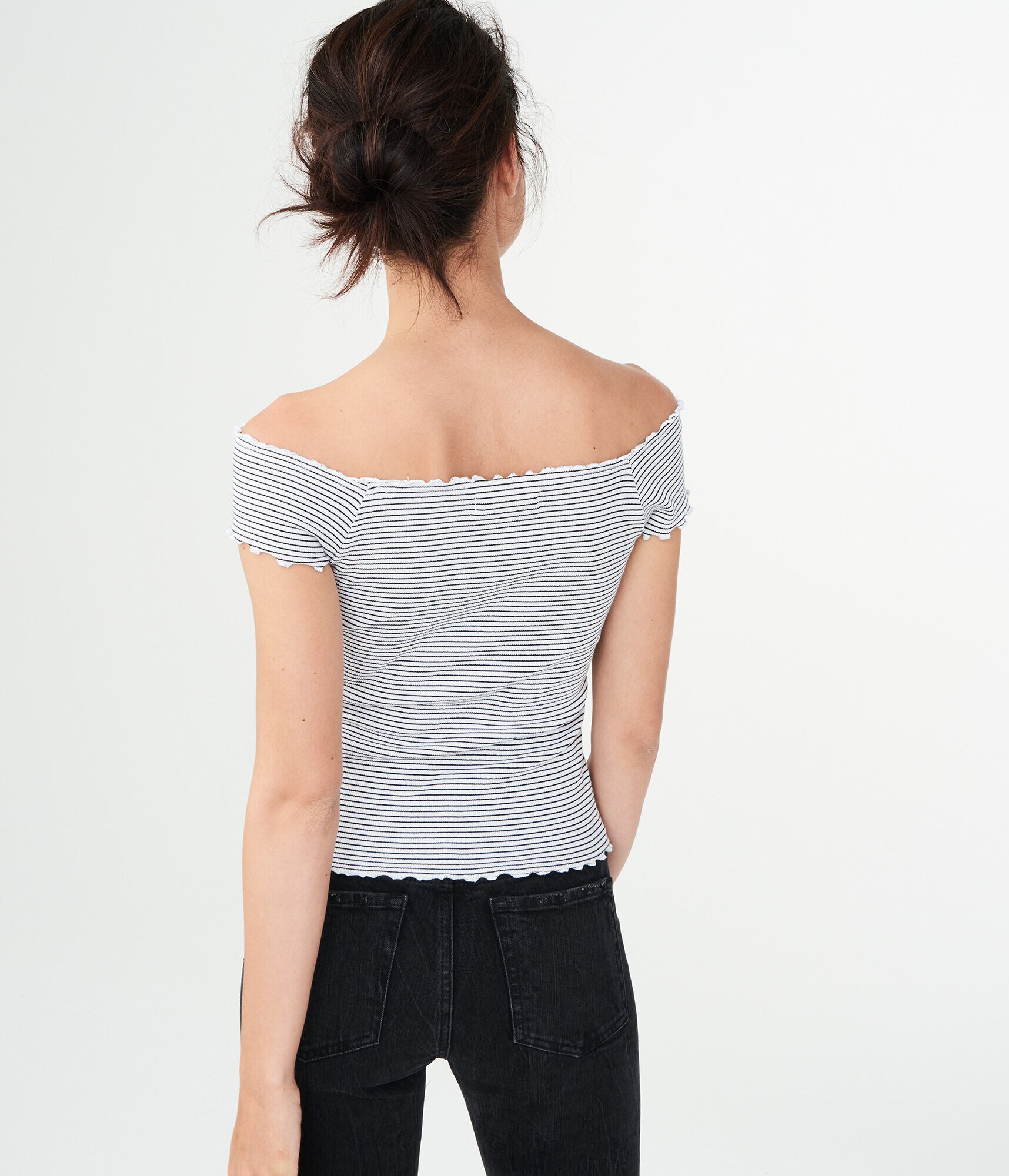 Striped Lettuce-Trim Off-The-Shoulder Top