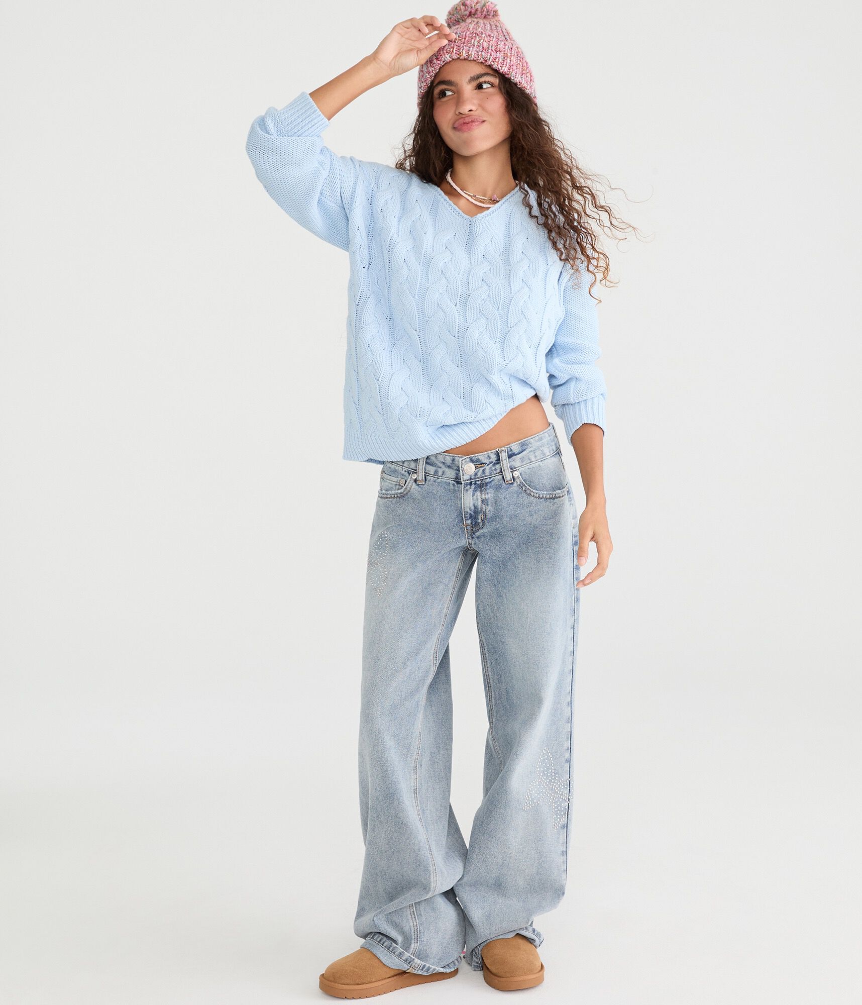 Slouchy Cable Knit V-Neck Sweater