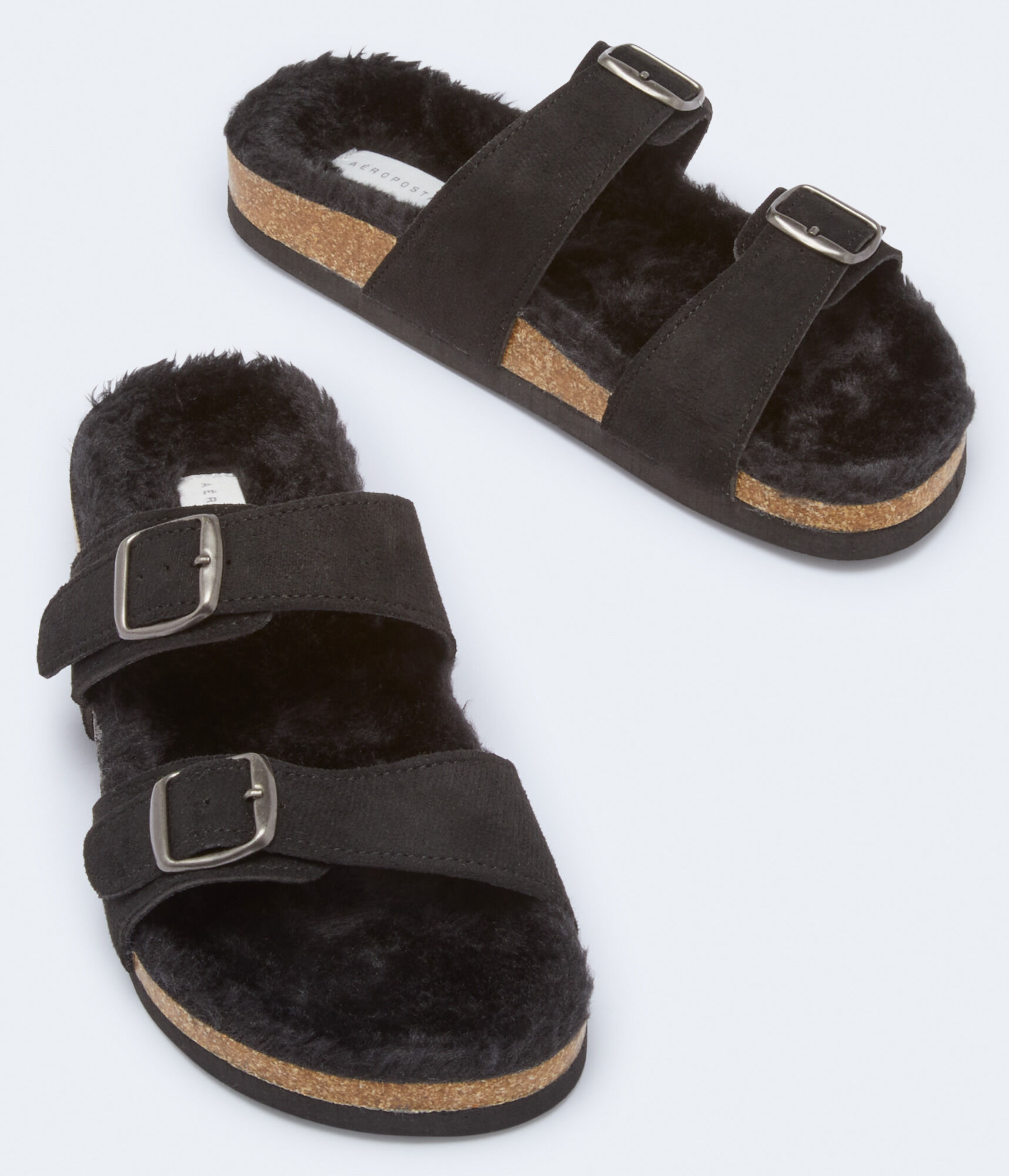 Faux Fur Double-Strap Cork Slide Sandal
