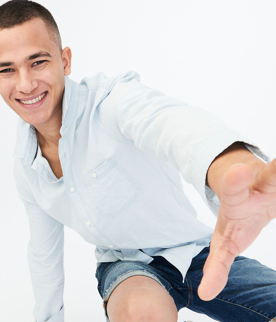 Long Sleeve Bleach Wash Chambray Woven Shirt