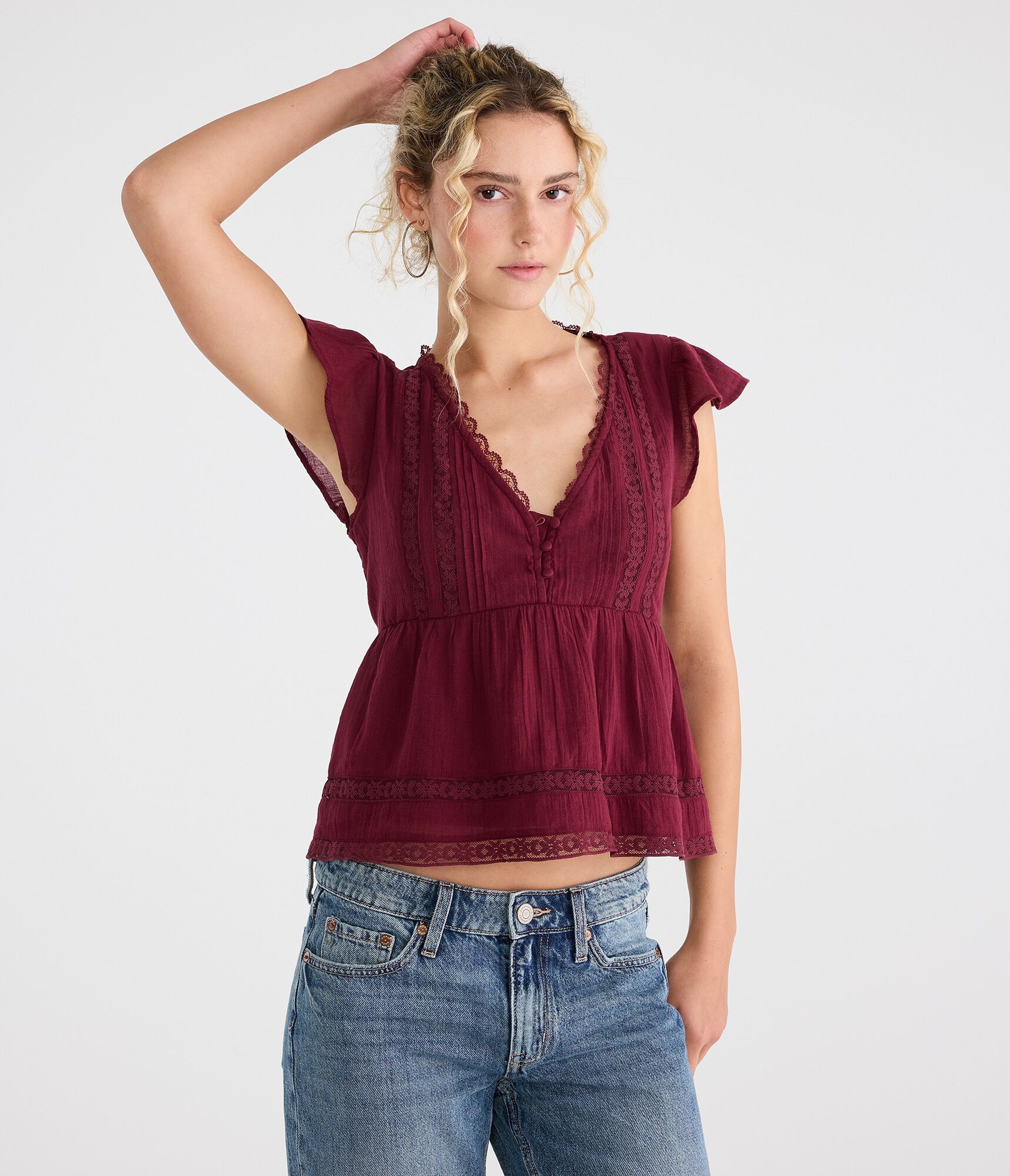 Lace &amp; Pintuck V-Neck Tie-Back Blouse