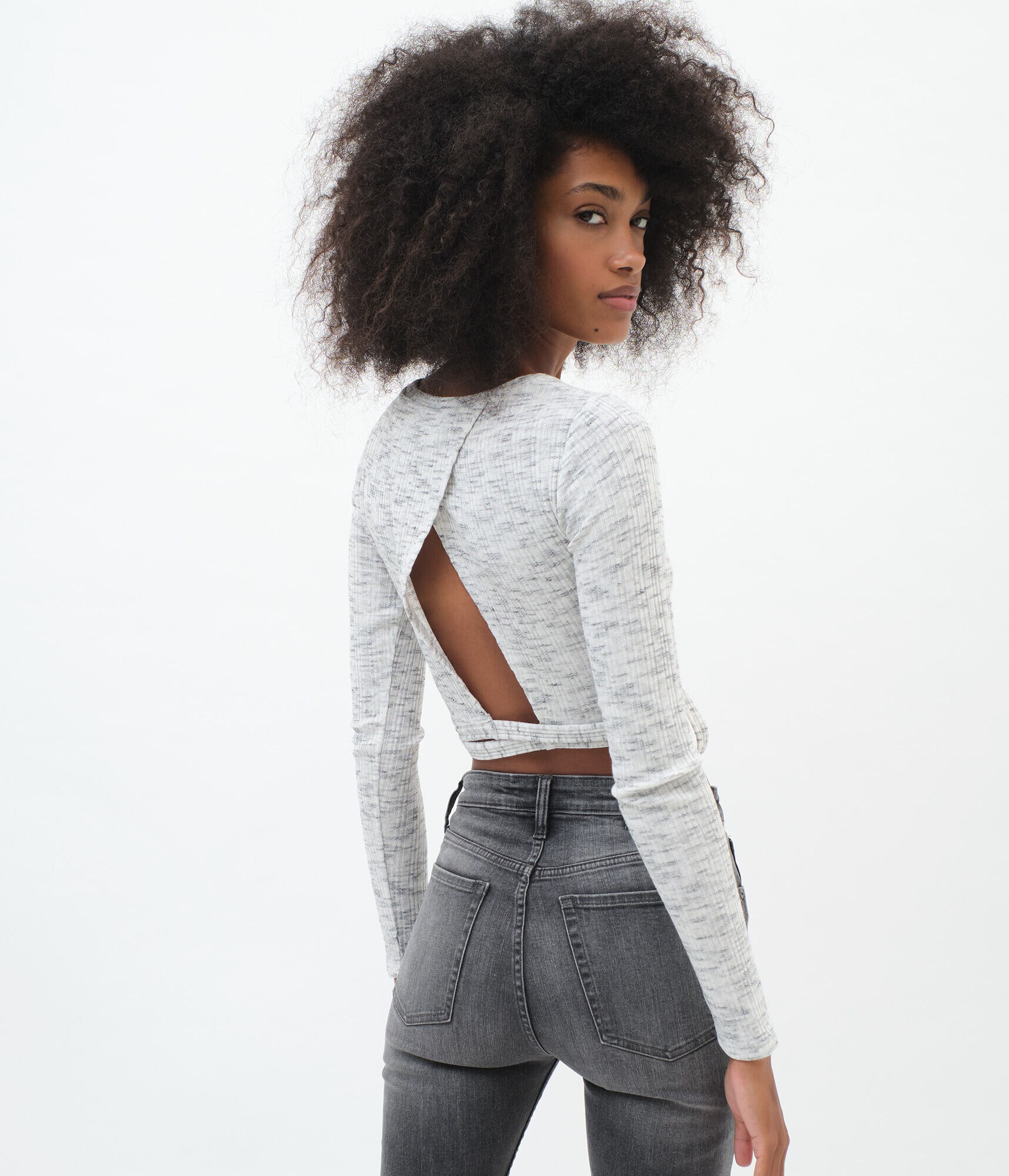 Long Sleeve Ribbed Tie-Back Crop Top