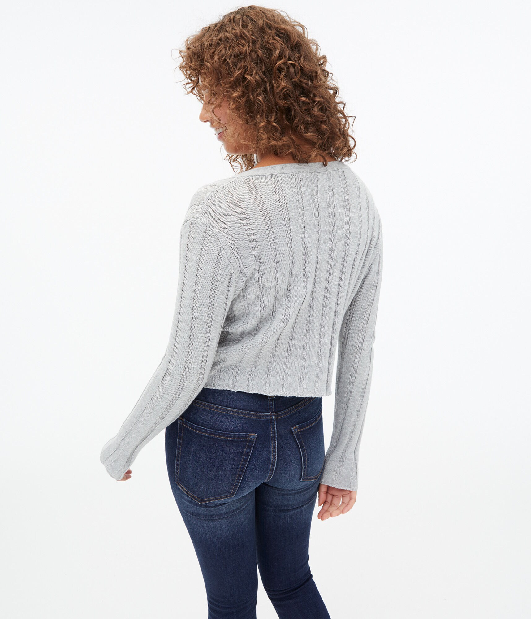 Ribbed Button-Front Cropped V-Neck Cardigan