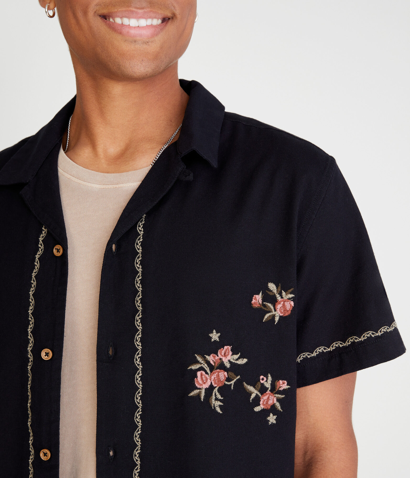 Short Sleeve Embroidered Floral Linen Shirt