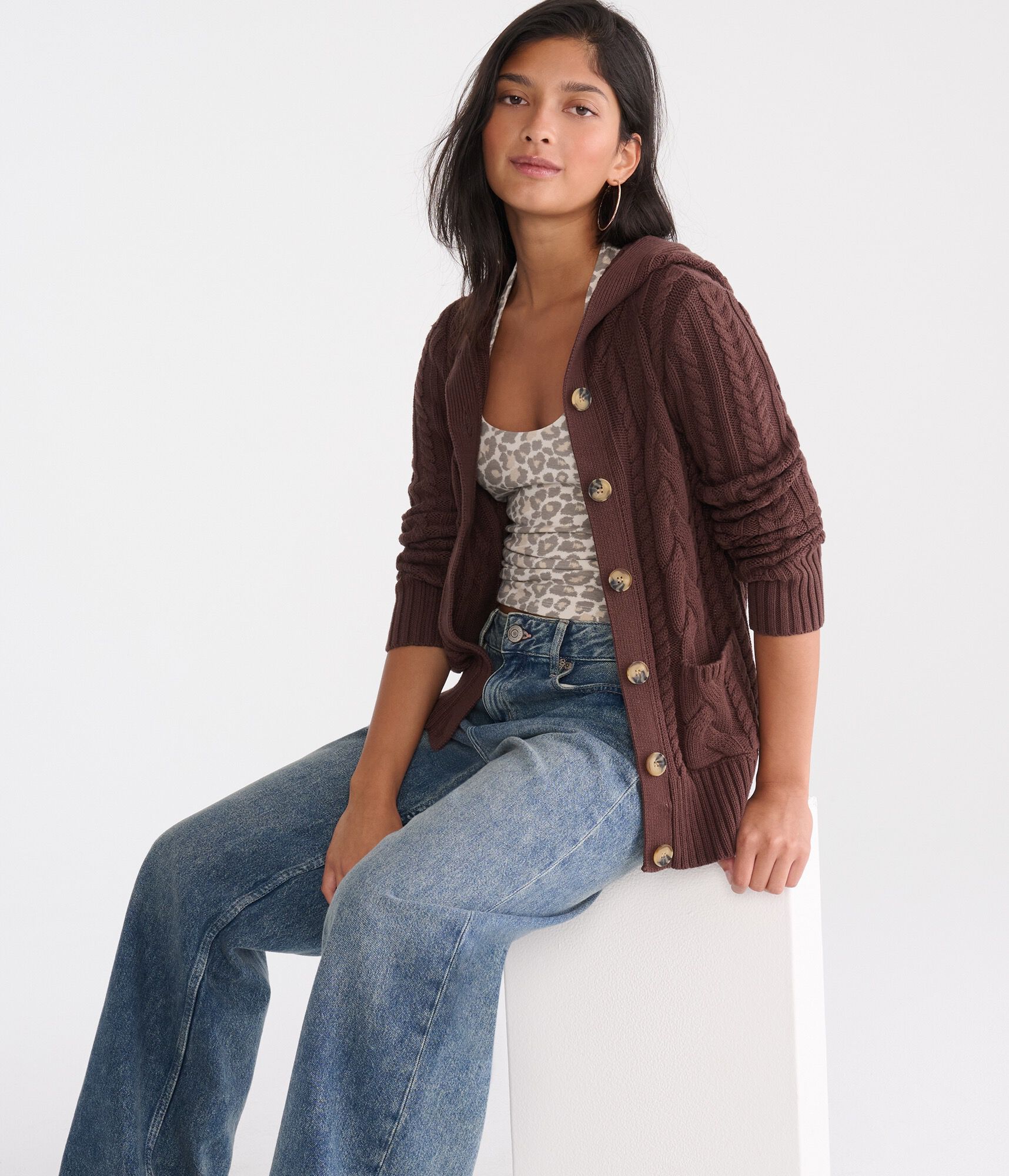 Hooded Button-Front Cable Cardigan