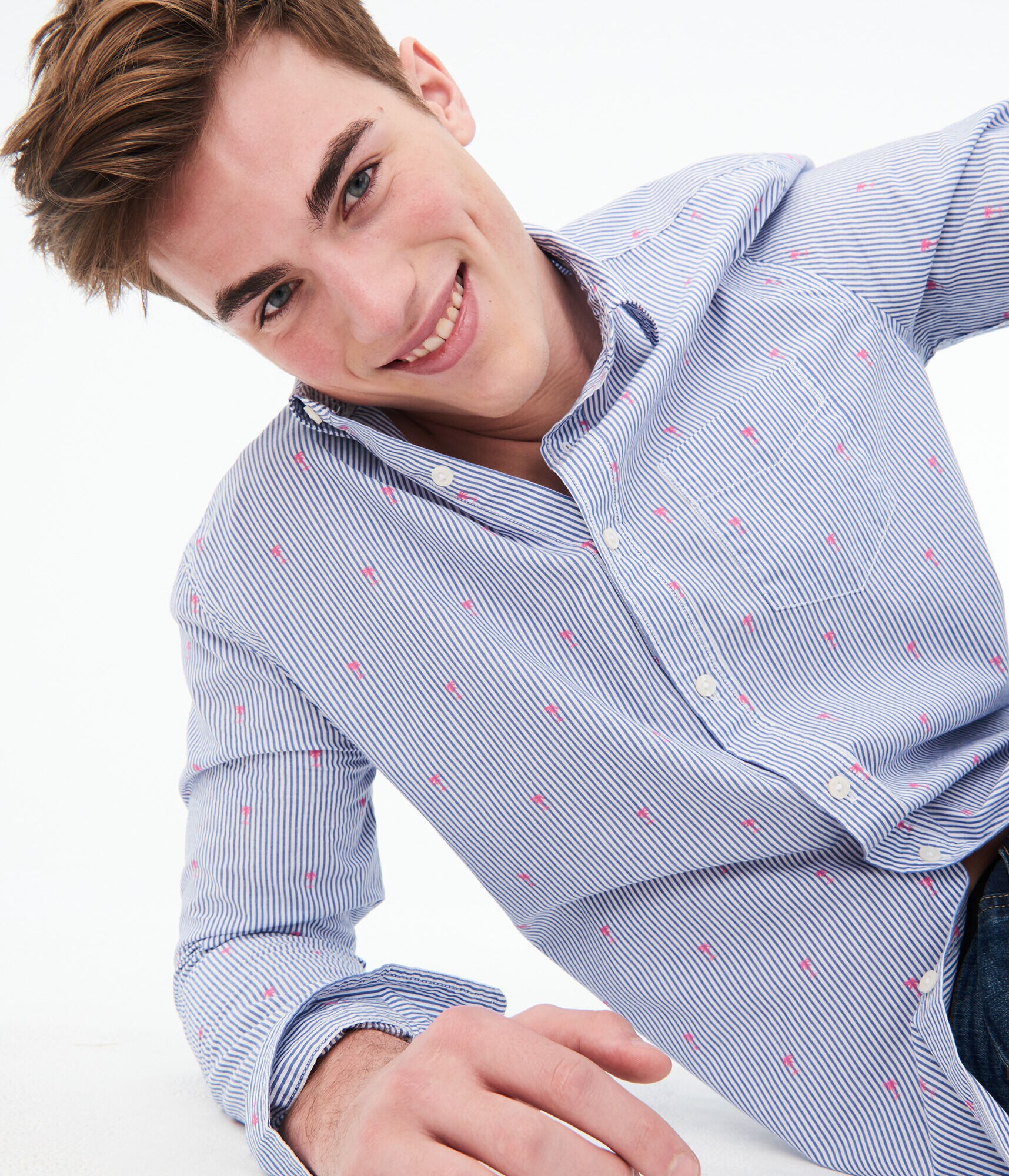 Long Sleeve Palm Tree Striped Woven Shirt