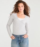 Long Sleeve Crossover Lace V-Neck Tee