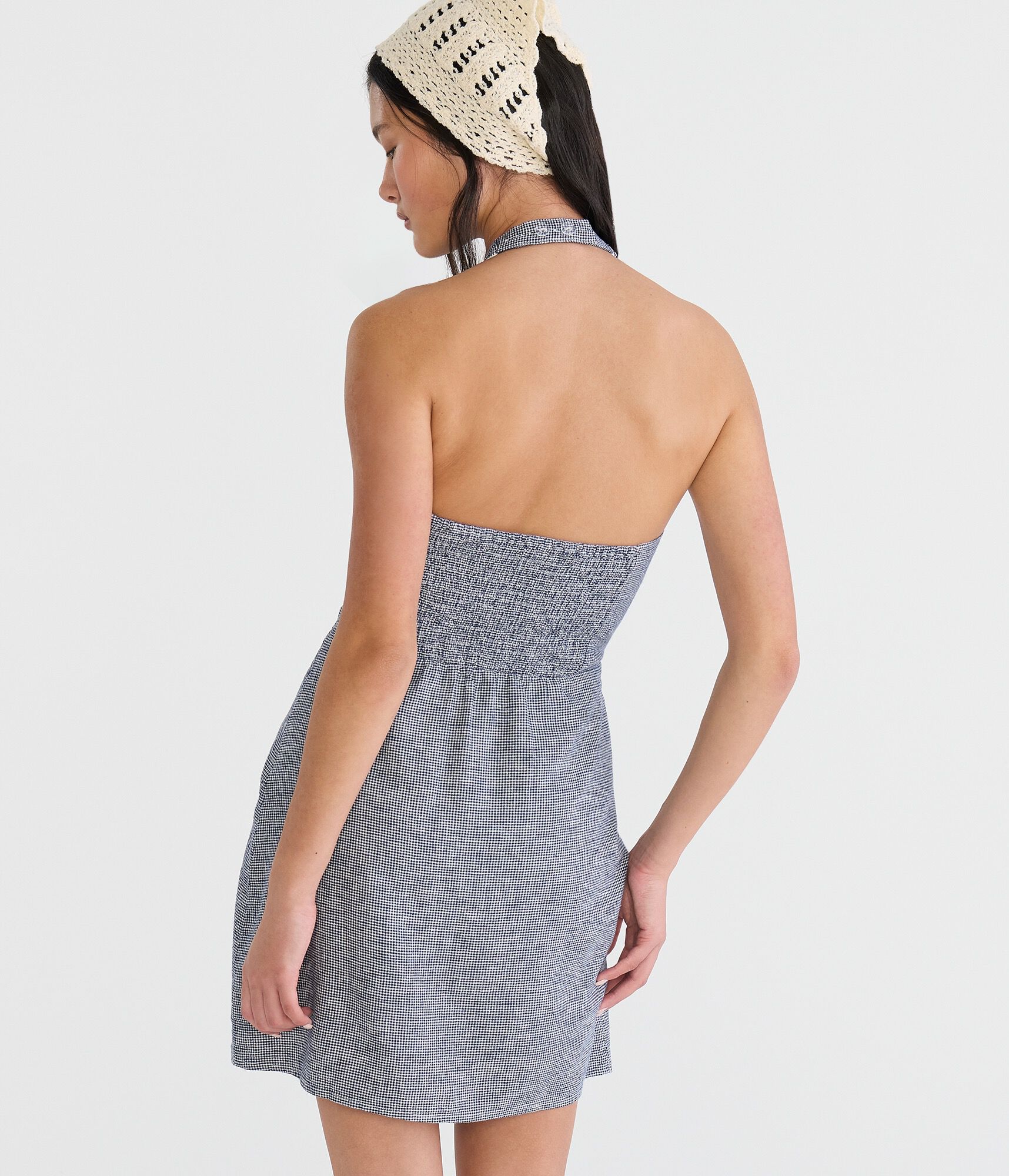 Gingham V-Neck Halter A-Line Mini Dress