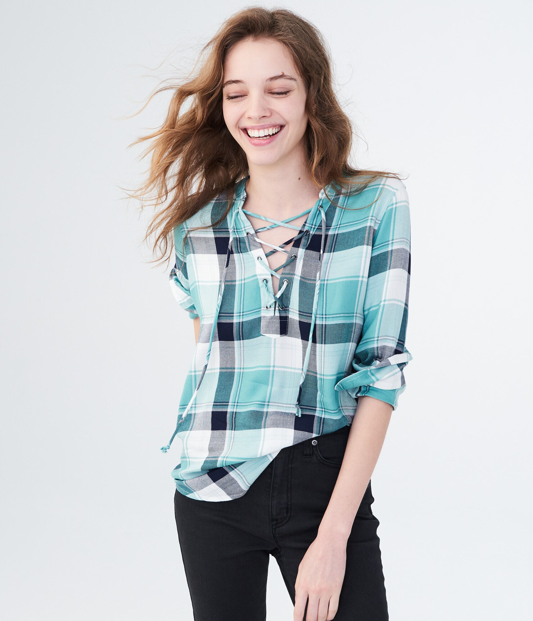 Long Sleeve Lace-Up Plaid Woven Shirt