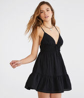 Solid V-Neck Textured Babydoll Dress