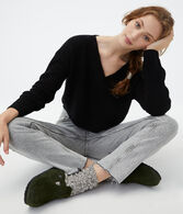 Waffle-Knit Cropped V-Neck Sweater