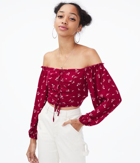Floral Lace-up Off-The-Shoulder Crop Top