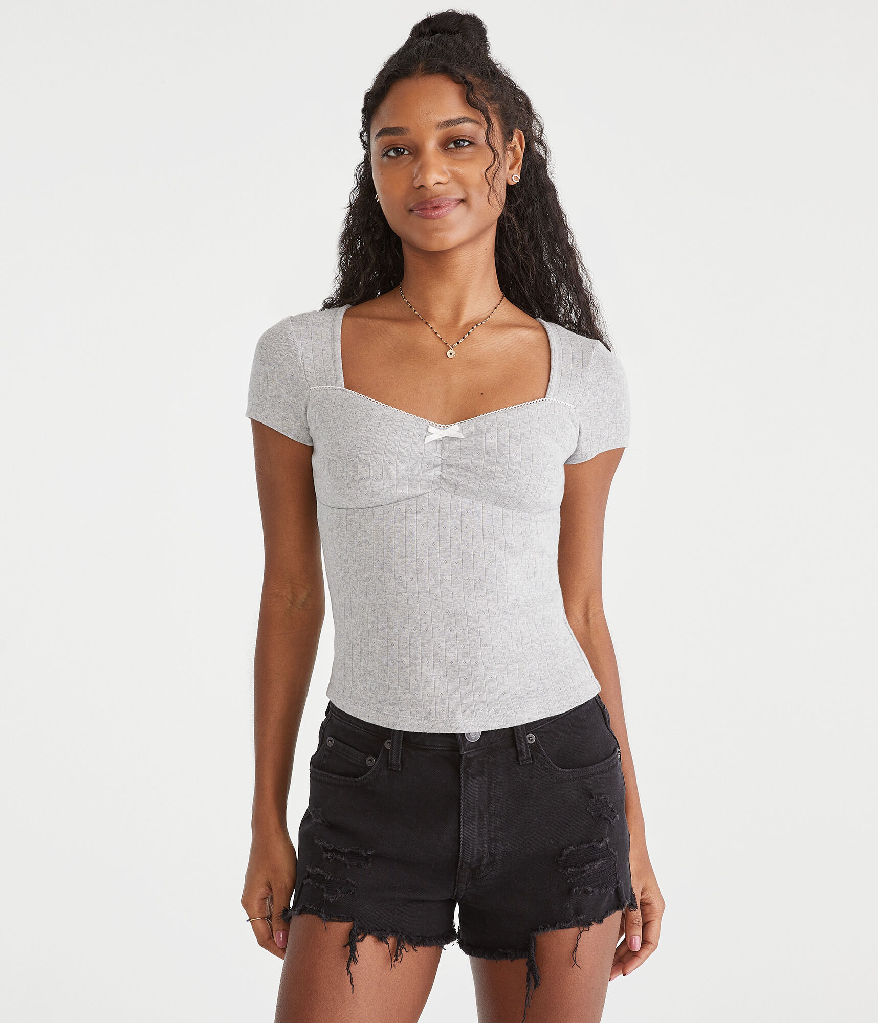 Pointelle Cinch V-Neck Top