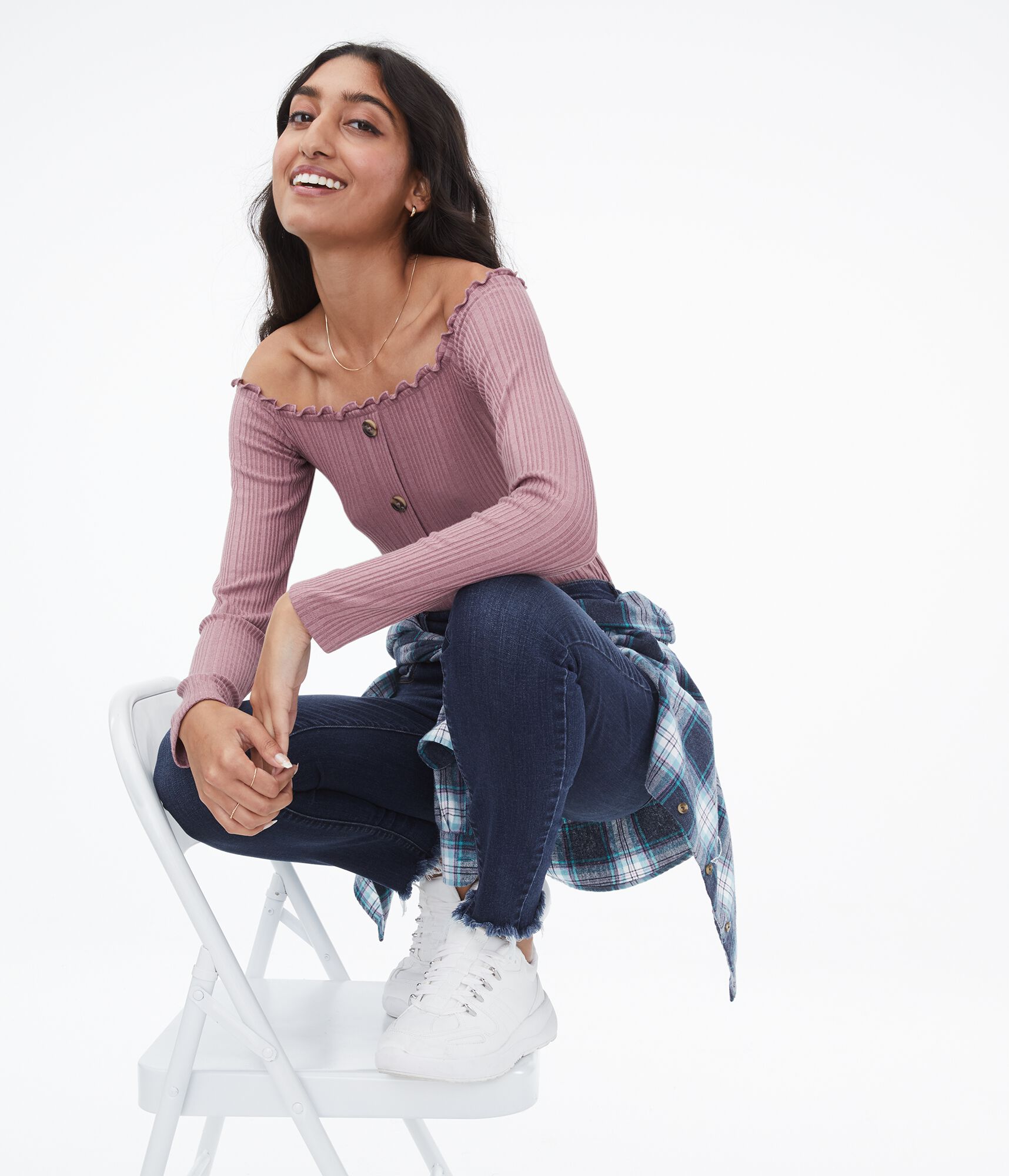 Long Sleeve Seriously Soft Buttoned Off-The-Shoulder Bodycon Top