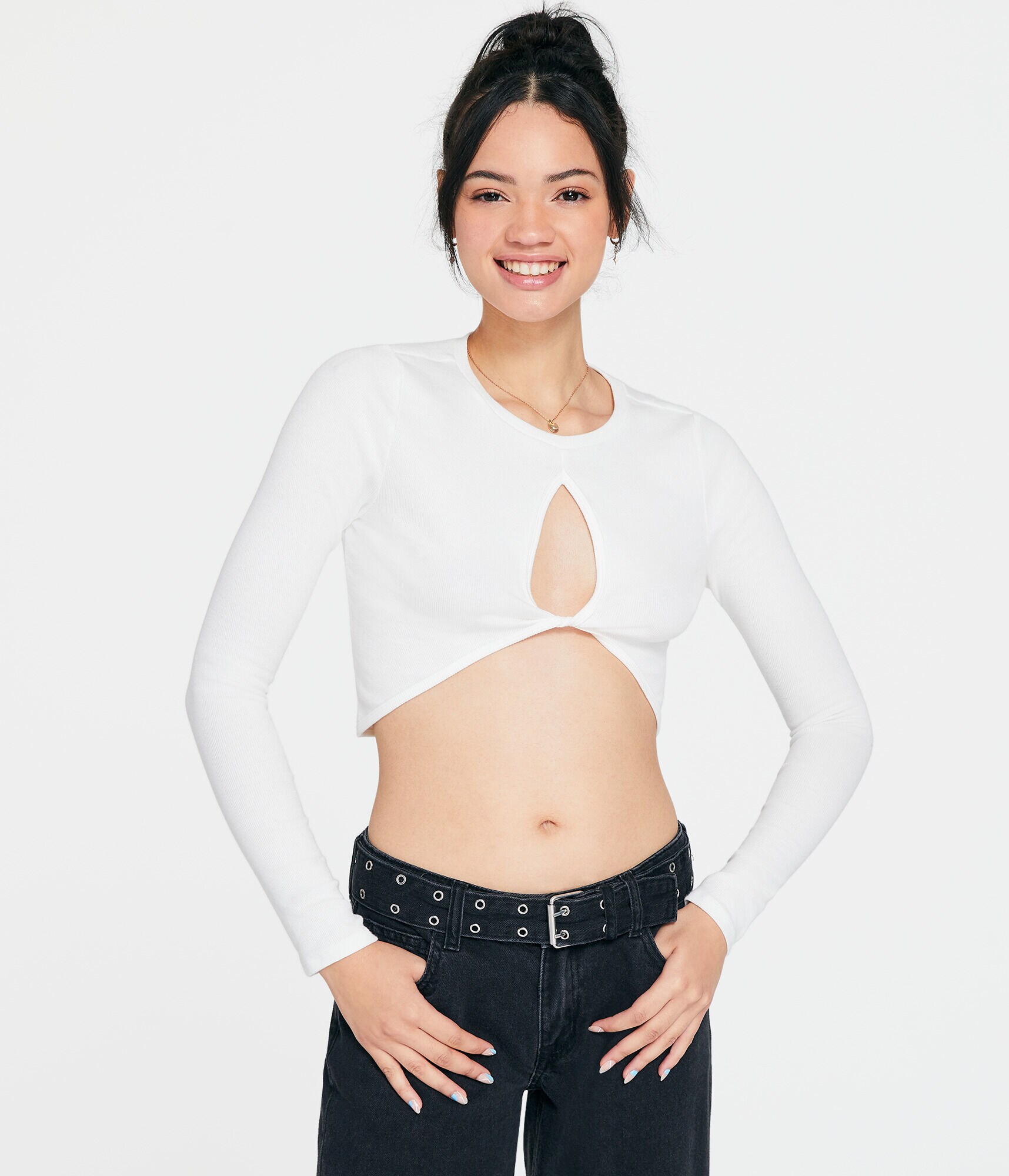 Long Sleeve Twist-Front Crop Top